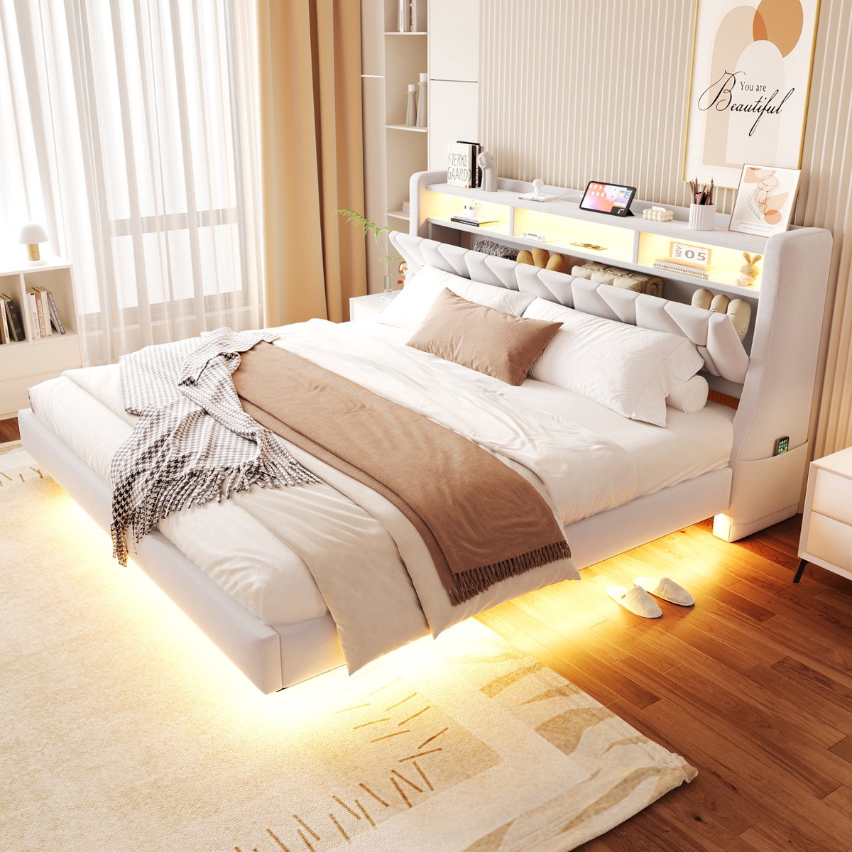 Gepolsterd Bed 180x200 cm - Met Opbergruimte - Met LED-verlichting - Met Stopcontact - Beige