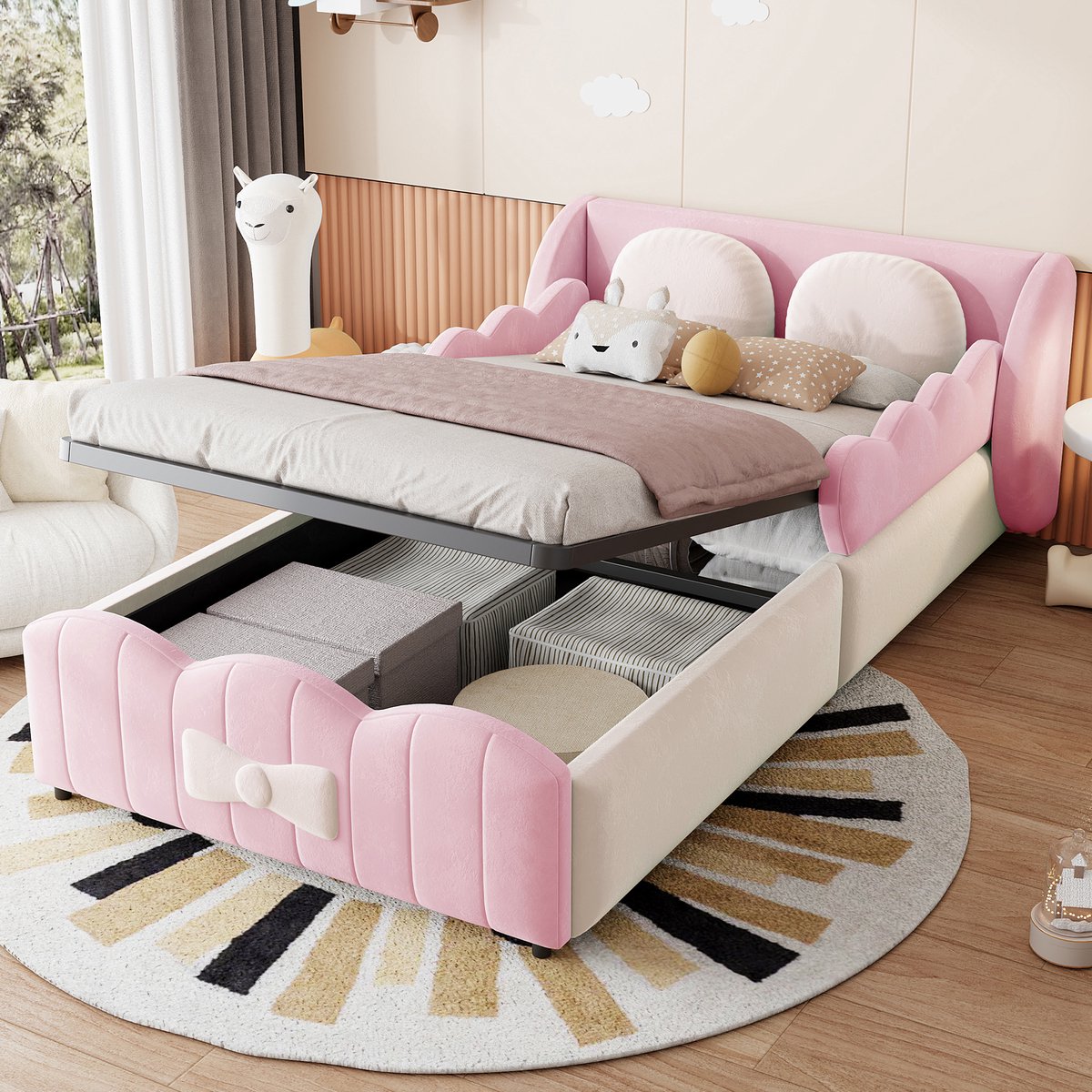 Gepolsterd Kinderbed 90x200 cm - Met Opbergruimte - Met Fluweel - Roze