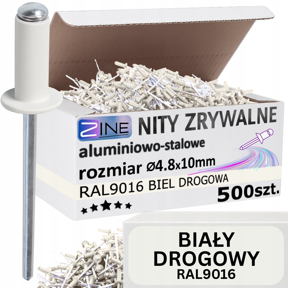 500x Aluminiete Popnagels 4.8x10mm Wit RAL9016 ZINE