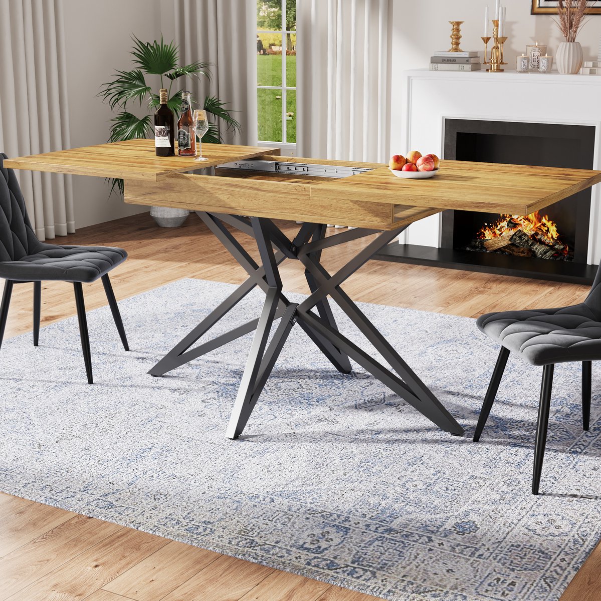 Wishdor Eettafelset met 4 stoelen - Uitschuifbare eettafel - Metalen poten - Modern - Eetkamer woonkamer kantoor - Hout en metaal - Walnoot en donkergrijs - 160 x 80 x 66,1 cm
