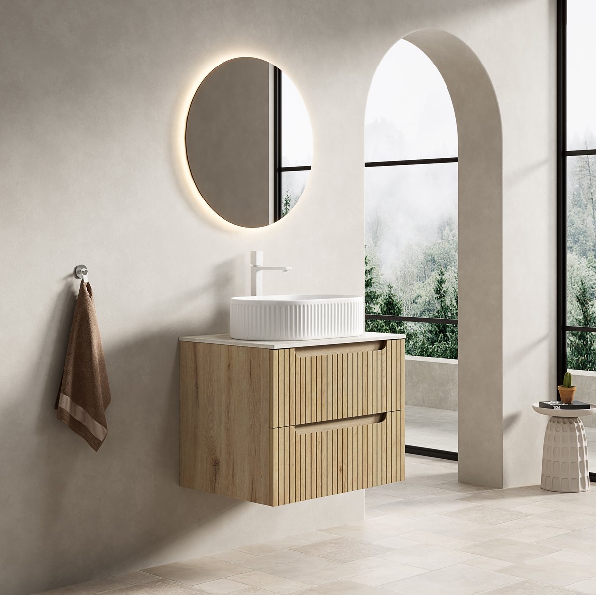 OKWISH Badkamerkast - Zwevend Met Ovale Wastafel En 2 Soft-Close Lades - Voor Moderne Badkamer - Keramiek Wit Eikenlook - 60x46x62,2 cm
