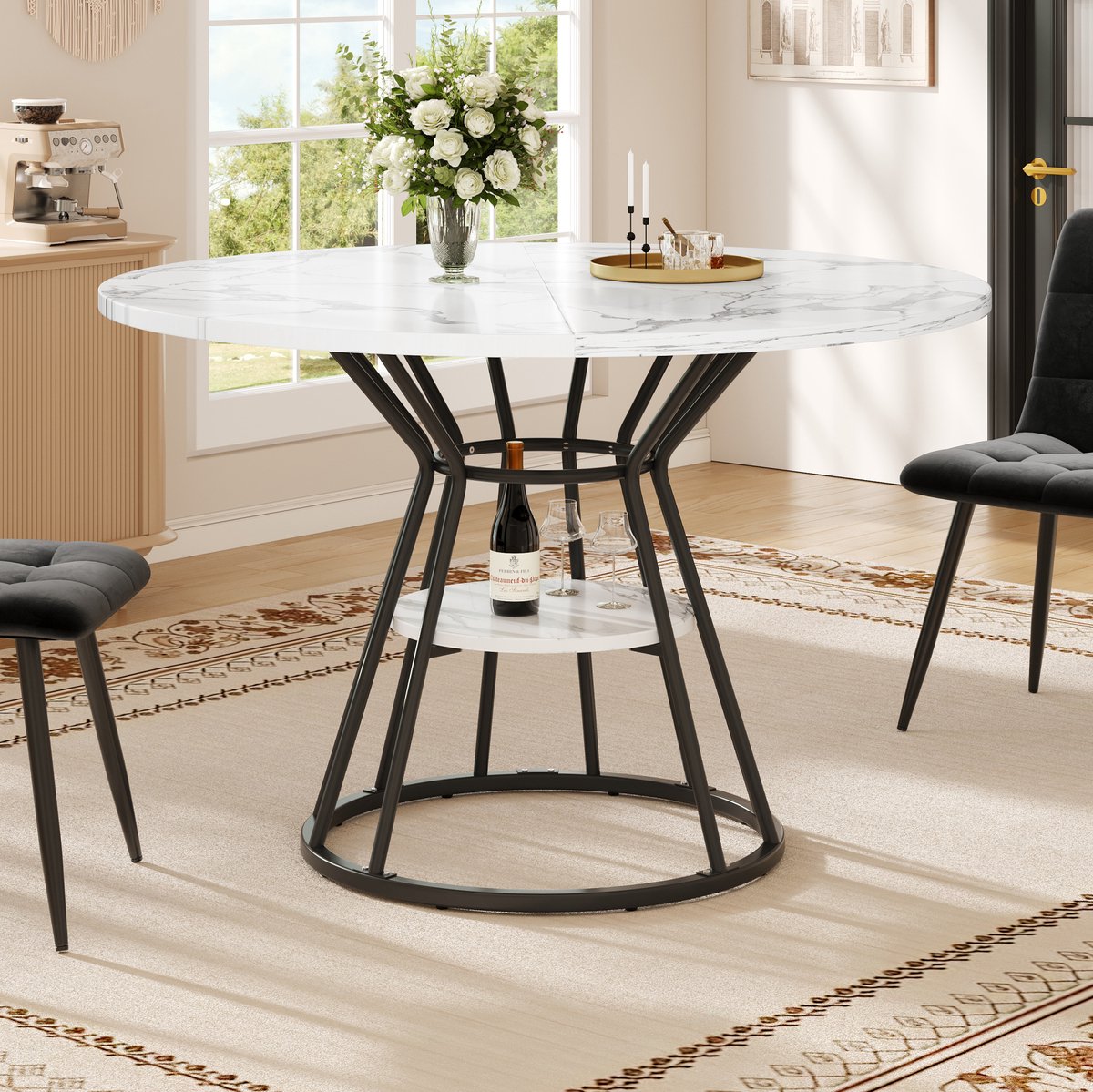 Wishdor Set tafel en stoelen - Rond eetkamerset - 5-delig met 4 stoelen - Marmerlook tafelblad met opbergrek - Modern - Eetkamer woonkamer kantoor - Zwart - 100 x 100 x 76 cm
