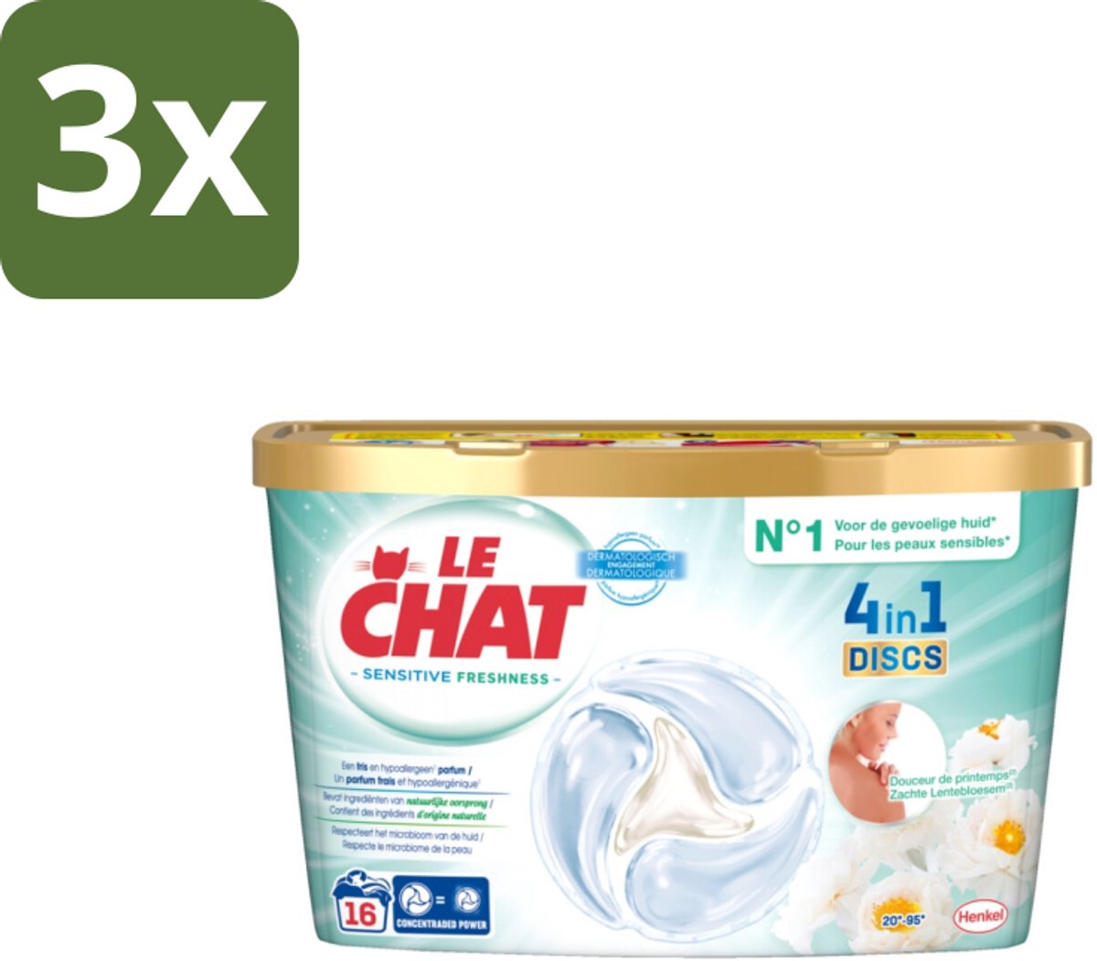 3 x Le Chat – Wascapsules – Sensitive Zachte Lentebloesem – 16 wasbeurten - Wascapsules - Gevoelige Huid - Hypoallergenisch - Zachte Geur - Sinaasappelbloesem