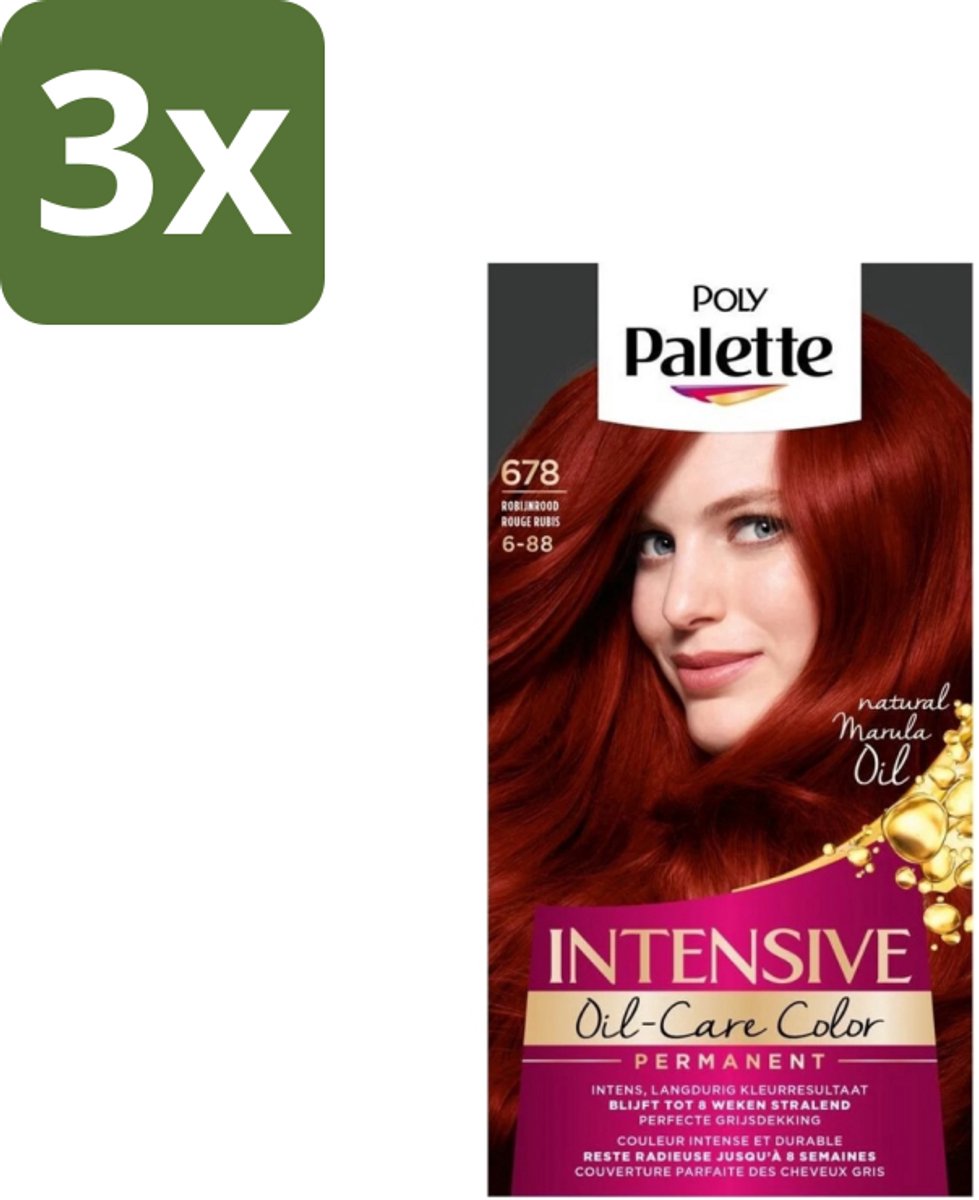 3 x Poly Palette – Haarverf – 678 Robijnrood / 6-88 – 115 ml - Robijnrood - Intens Rood - Langdurige Kleur - Grijsdekking - Haarverzorging