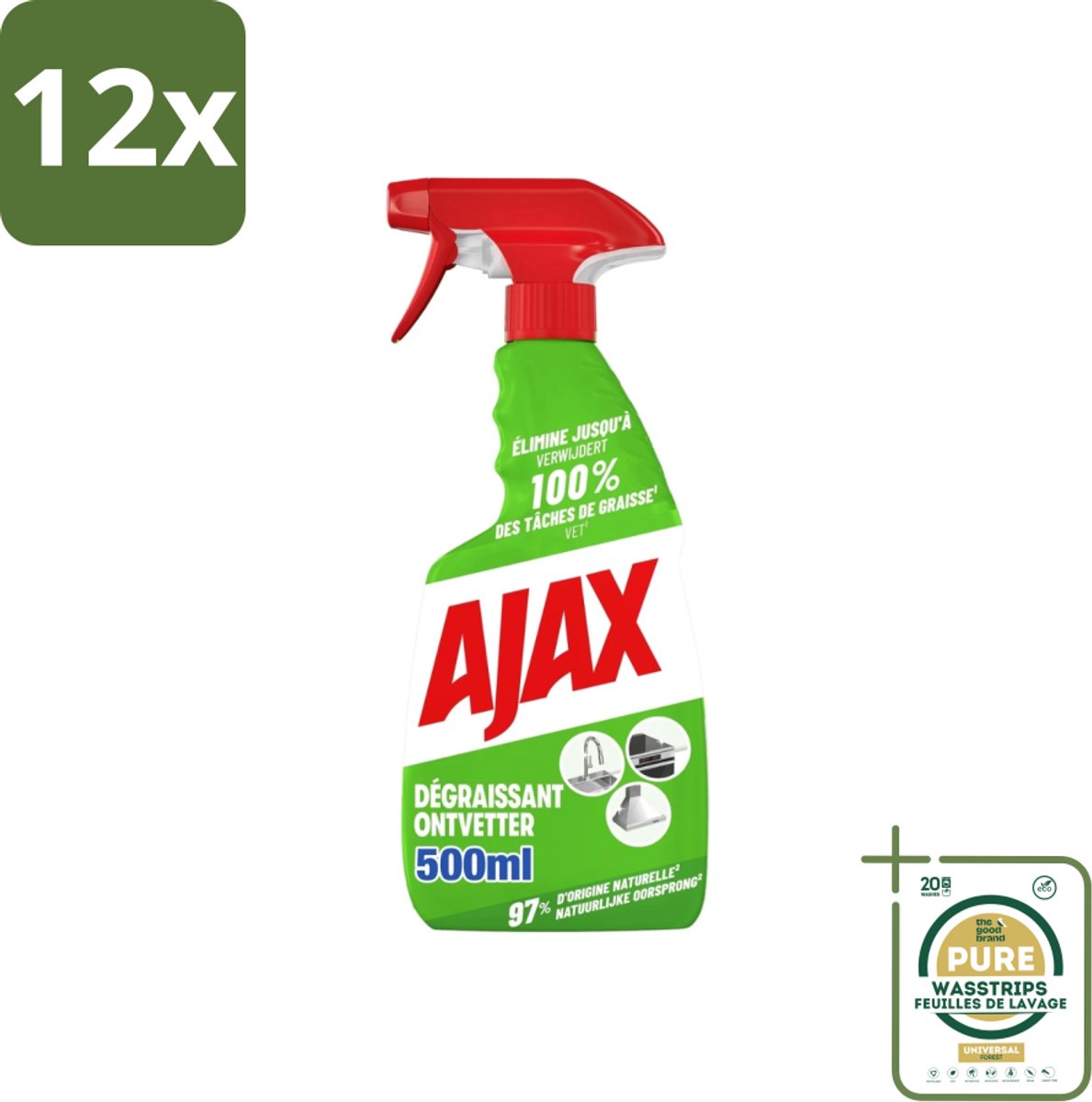 Ajax – Ontvetter Spray – 500 ml - Voordeelverpakking - 12 stuks - Vet verwijderen - Keukenreiniger