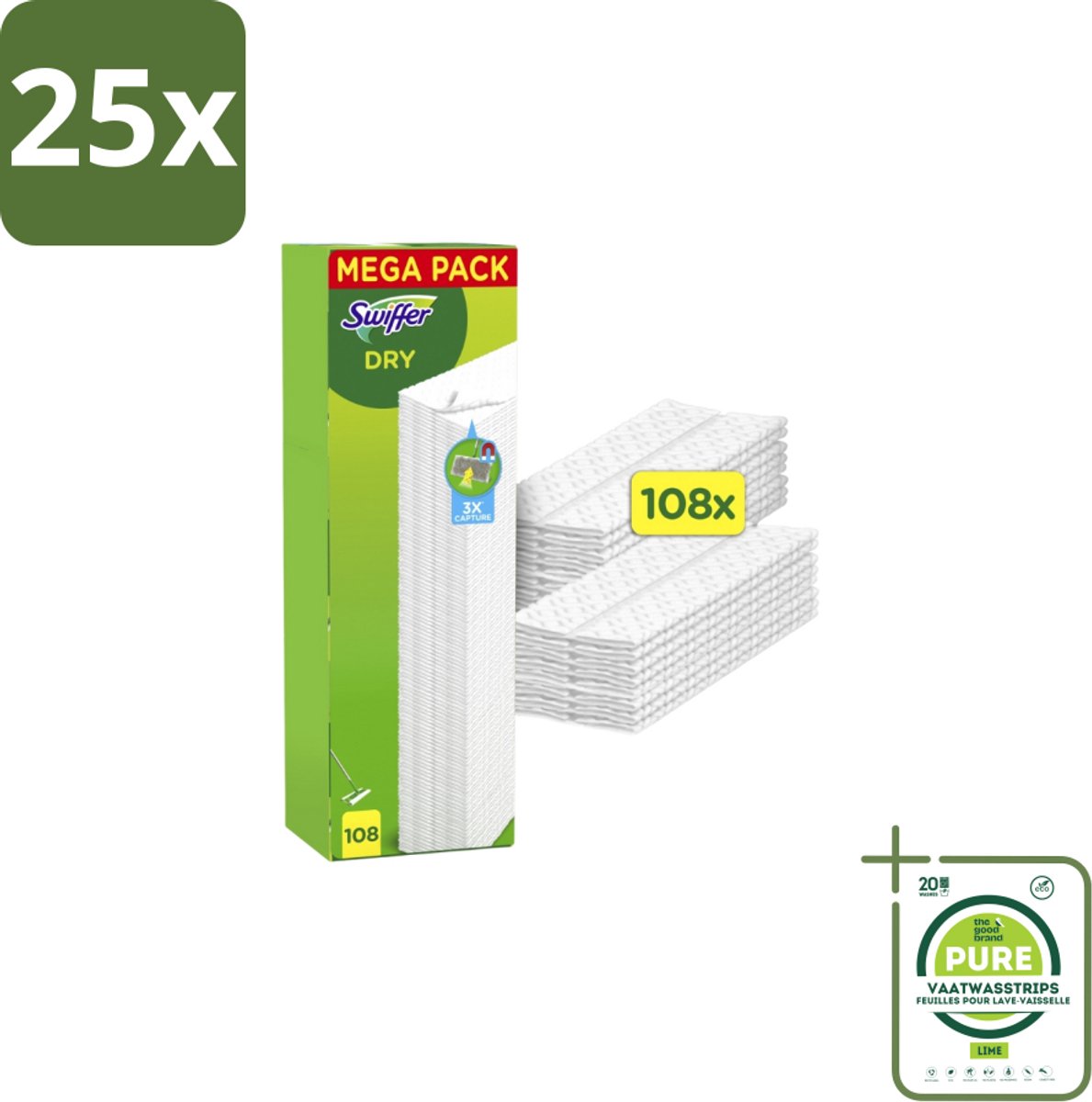 25 x Swiffer – Vloerdoekjes – Dry Navullingen – 108 doekjes - Grootverpakking - Vloerdoekjes - Schoonmaken - Stofzuigen - Haren Verwijderen - Droge Vloerdoekjes