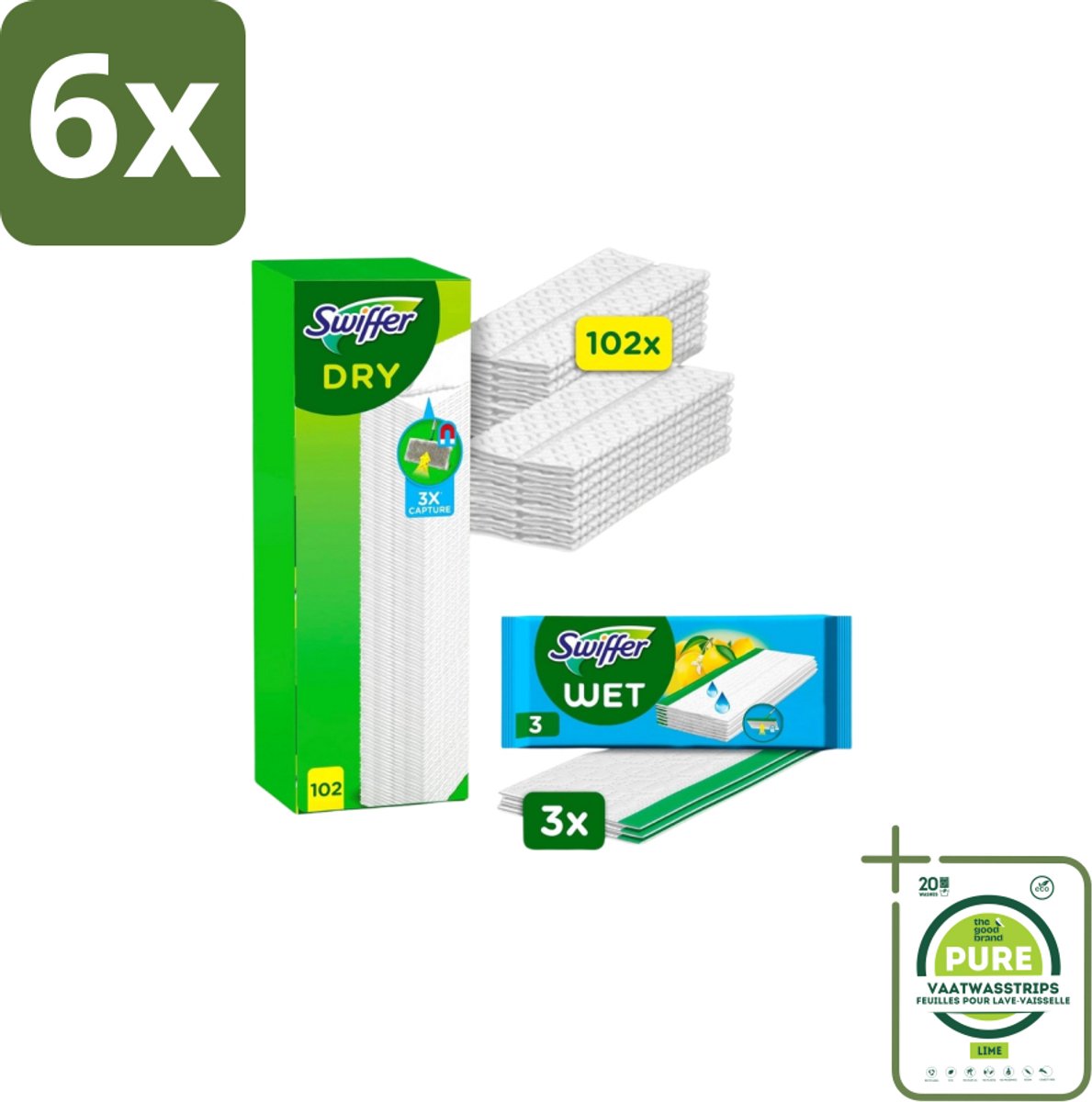 Swiffer – Vloerdoekjes – Dry Navullingen 102 + 3 Vochtige Doekjes - Voordeelverpakking - 6 stuks - Vloerdoekjes - Schoonmaken