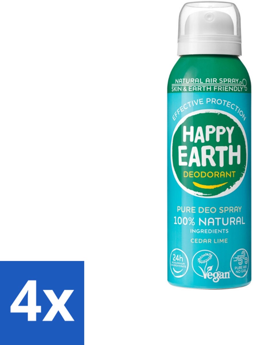 4 x Happy Earth – Deodorant Natural Air Spray – 100% Natuurlijk Cedar Lime – 100 ml - Natuurlijke Deodorant - Cederhout En Limoen - Aerosol Deodorant - 100% Natuurlijk - Luchttechnologie