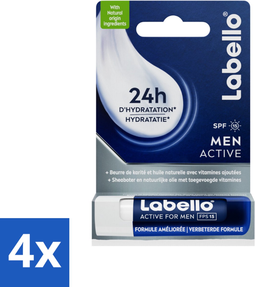 4 x Labello – Lippenbalsem – Active For Men – SPF 15 – 4,8 g - Lippenbalsem Voor Mannen - Verzorging Van Lippen - Droge Lippen - Gebarste Lippen - Natuurlijke Lippen