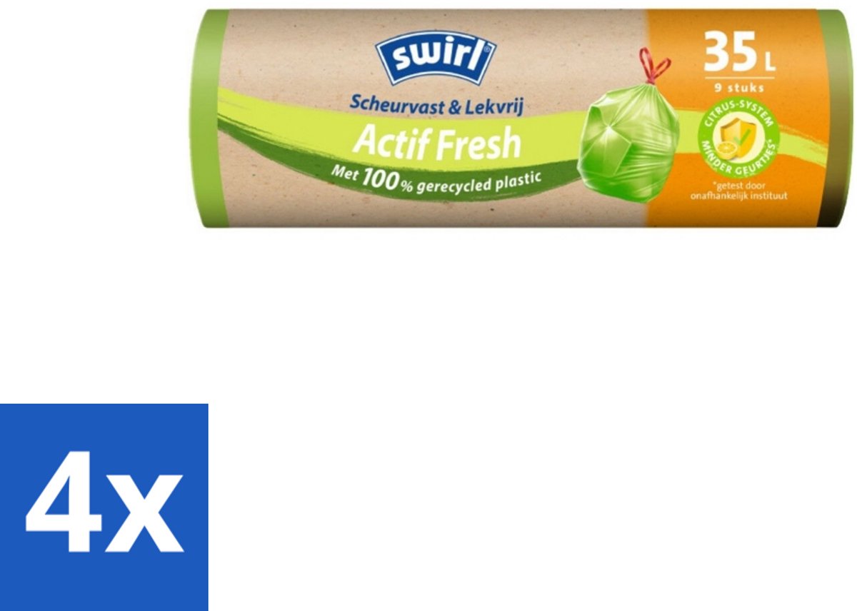 4 x Swirl – Vuilniszakken – Trekband Geparfumeerd Actif Fresh – 35 L – 9 zakken - Vuilnisbak - Geurabsorber - Trekband - Citroengeur - Biologisch Afbreekbaar