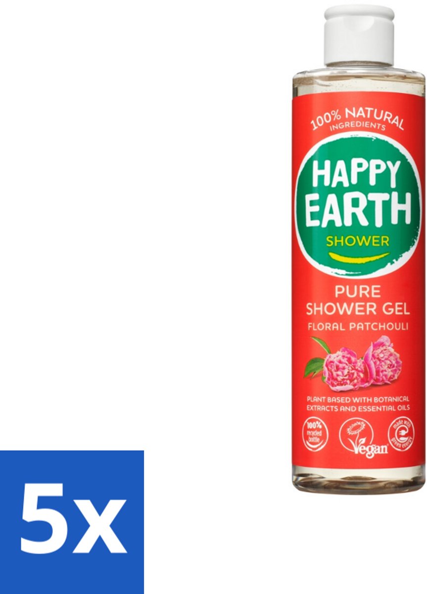 5 x Happy Earth – Douchegel – 100% Natuurlijk Floral Patchouli – 300 ml - Douchegel - Natuurlijke Douchegel - Vegan Douchegel - Patchouli Douchegel - Bloemige Douchegel