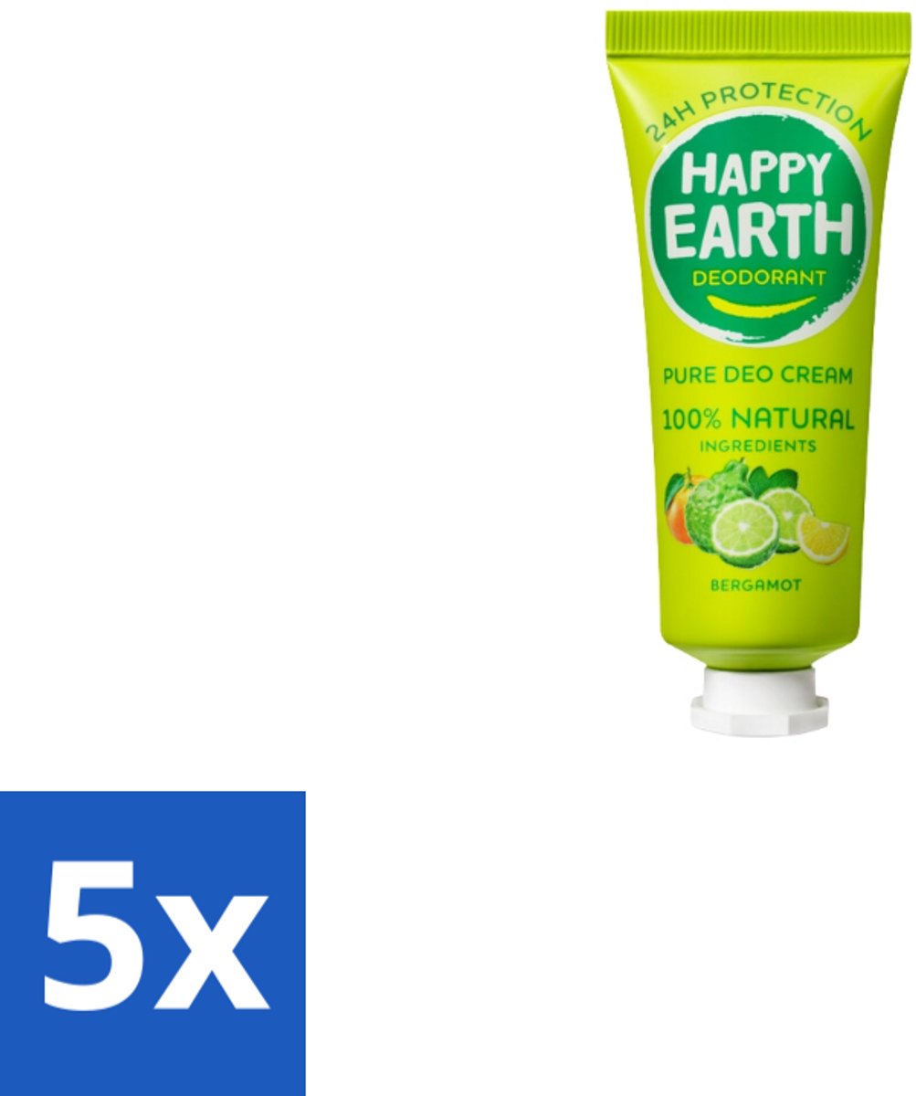 5 x Happy Earth – Deodorant Cream – 100% Natuurlijk Bergamot – 40 ml - 100% Natuurlijk Deodorant - Bergamot Deodorant - Natuurlijke Deodorant Crème - Aluminiumvrij Deodorant - Vegan Deodorant