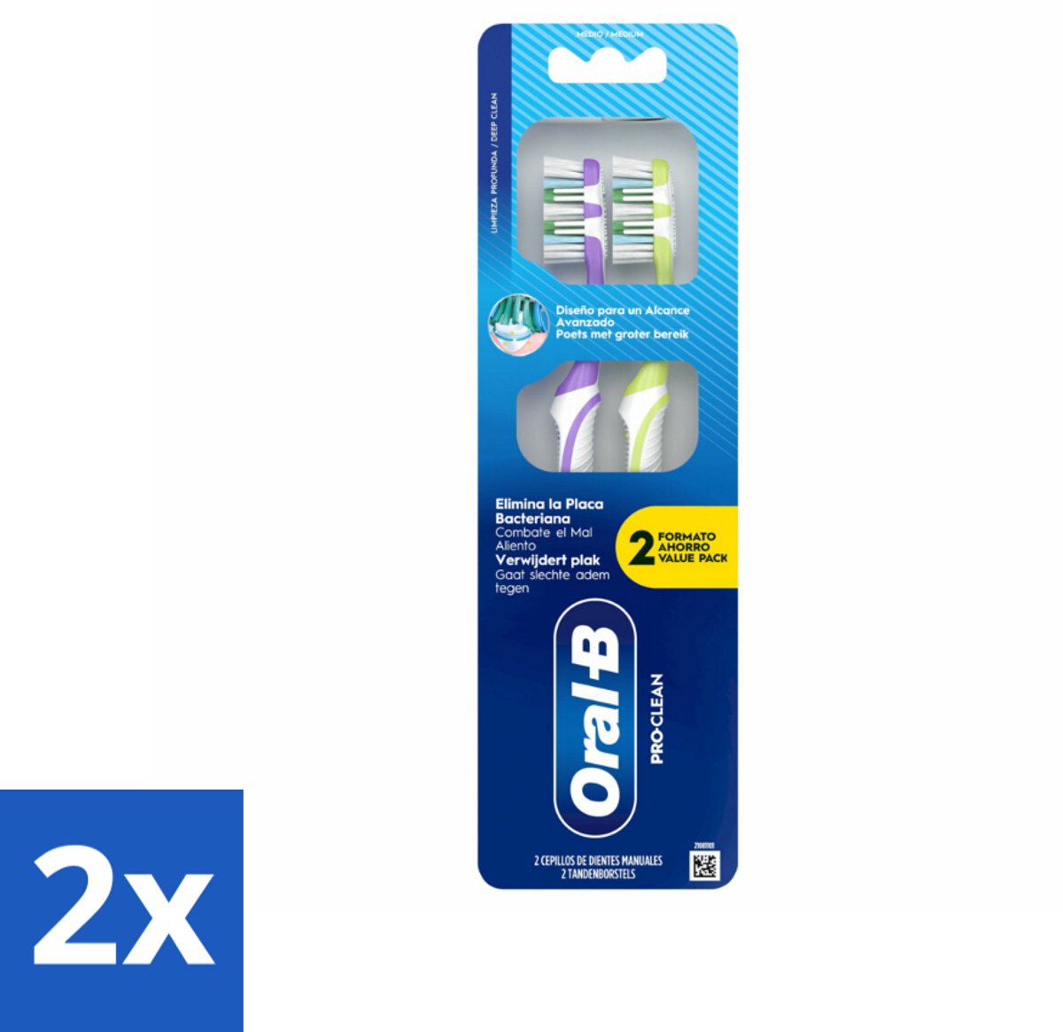 2 x Oral-B - Pro-Clean – Tandenborstel – Manueel – 2-pack - Handtandenborstel - Tandenborstel - Tandenborstel Voor Interdentale Ruimtes - Tandenborstel Met Polijstcup - Tandenborstel Met Tongreiniger