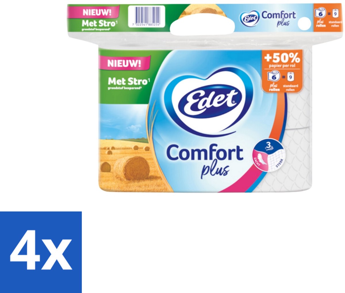 4 x Edet – Toiletpapier – 3-Laags - Toiletpapier - Stro - Duurzaam Toiletpapier - Plusrol - Comfort Plus