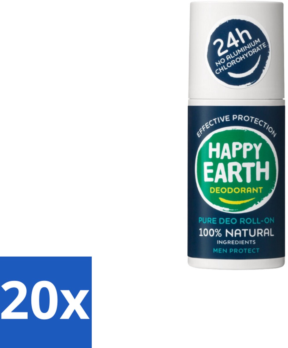 20 x Happy Earth – Deodorant Roll-On – 100% Natuurlijk Men Protect – 75 ml - Natuurlijke Deodorant - Mannen Deodorant - Roll-on Deodorant - Geurbeheersing - Huidvriendelijk Deodorant