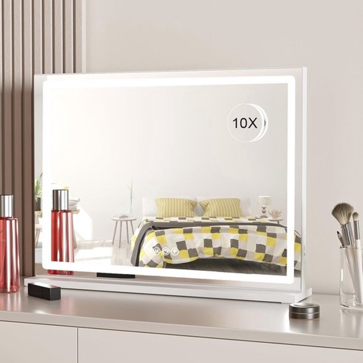 LED Make-upspiegel met Verlichting en 10x Vergroting – 3 Kleurverlichtingsmodi, USB Oplaadbaar, Ideaal voor Slaapkamer en Tafelblad