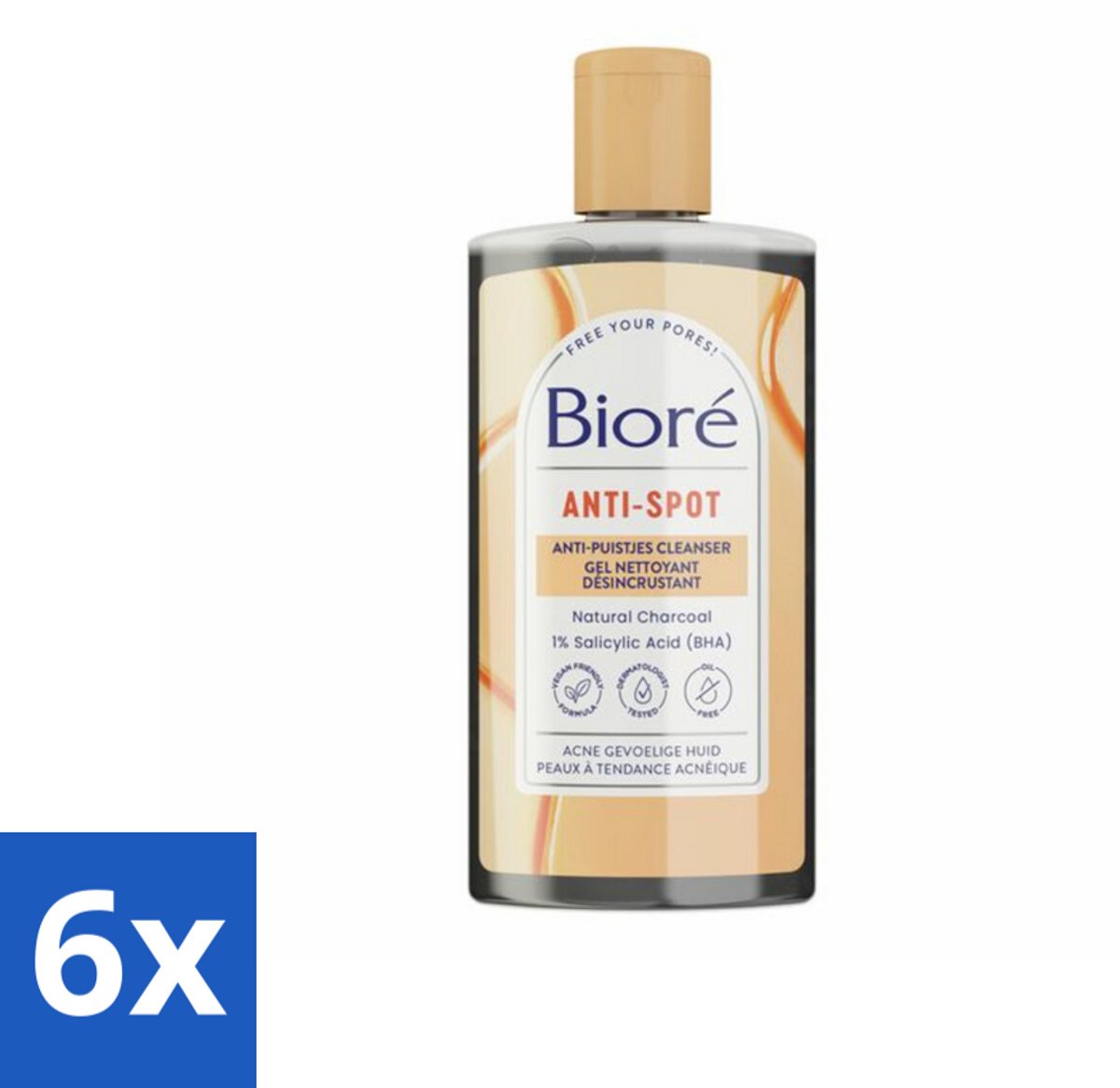 6 x Bioré – Houtskool Anti-Puistjes Reinigingsgel – Gezichtsreiniger – 200 ml - Houtskool Reinigingsgel - Puistjes Voorkomen - Gezicht Reinigen - Salicylzuur - Vet Huid Reinigen