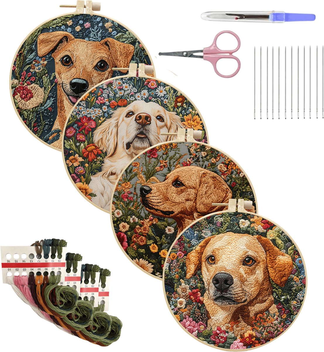 Nolad - Borduurpakket volwassenen - Borduurpakket - Borduurset - Voorbedrukt - 4 Stuks - Honden