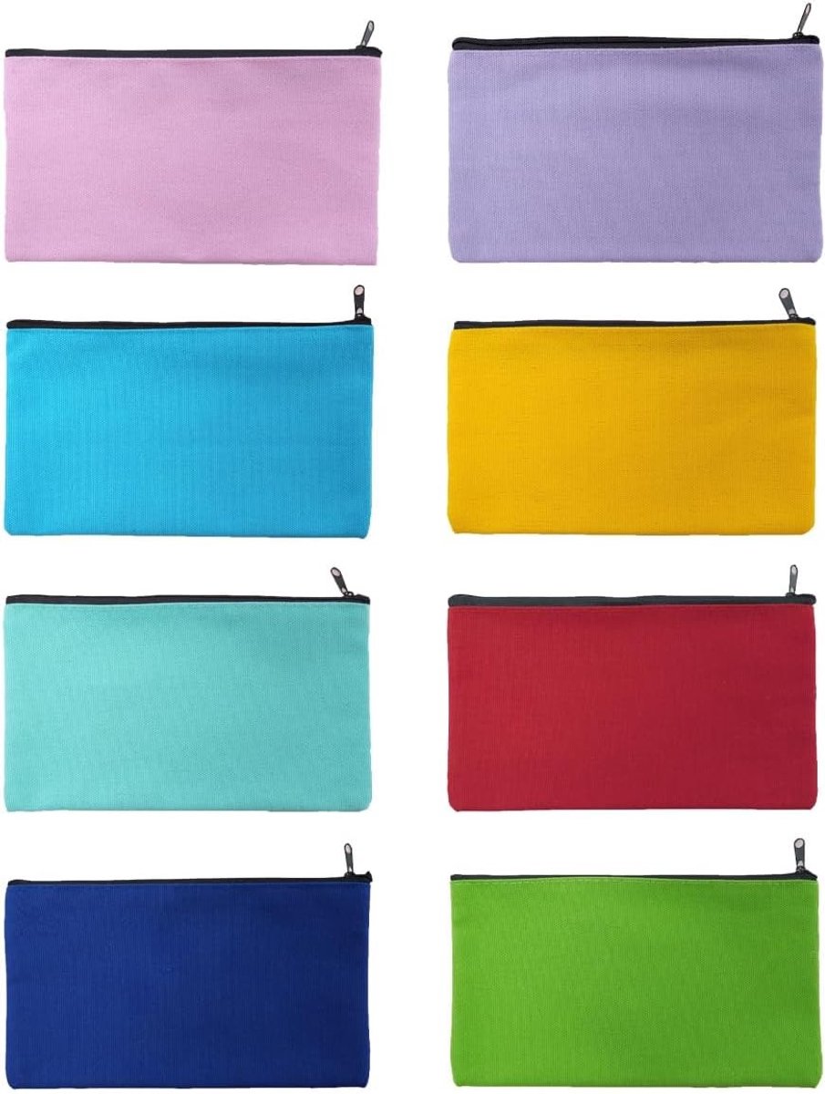 Canvas Tassen Set van 8 Stuks voor Schilderen, DIY Opbergzakken met Rits, Ideaal voor School, Reizen en Make-up
