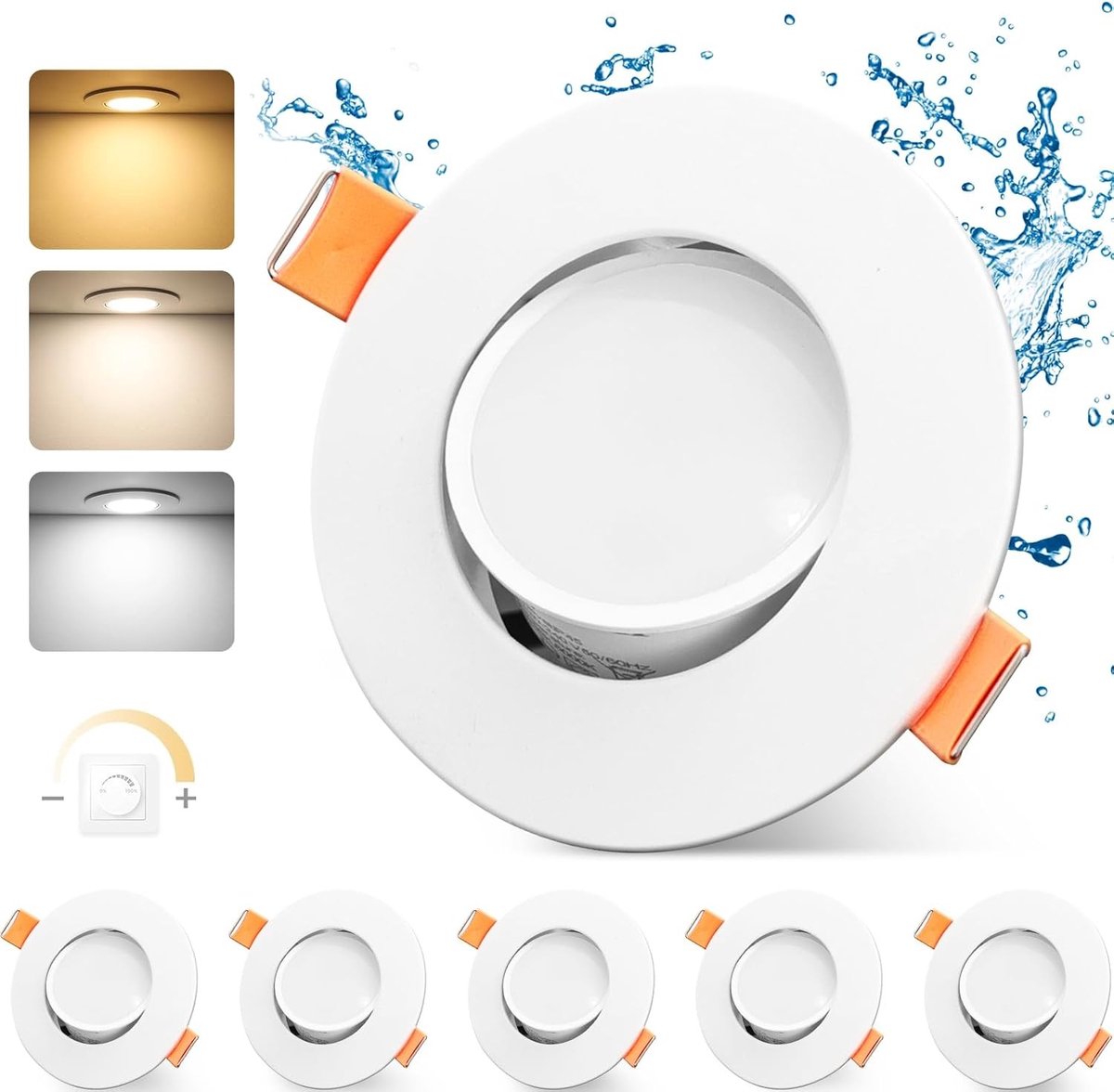 Dimbare LED inbouwspotlights 230 V, 4.9 W, IP44, ultra vlak, geschikt voor badkamer en keuken, 3000 K/4000 K/6000 K, 45° kantelbaar, energiezuinig en moderne verlichting
