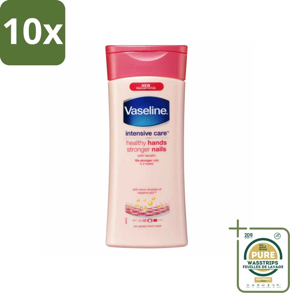 10 x Vaseline Handcreme Healthy Hands & Stronger Nails 200 ml - Grootverpakking - Handcrème - Nagelversterking - Keratine - Hydratatie - Handverzorging