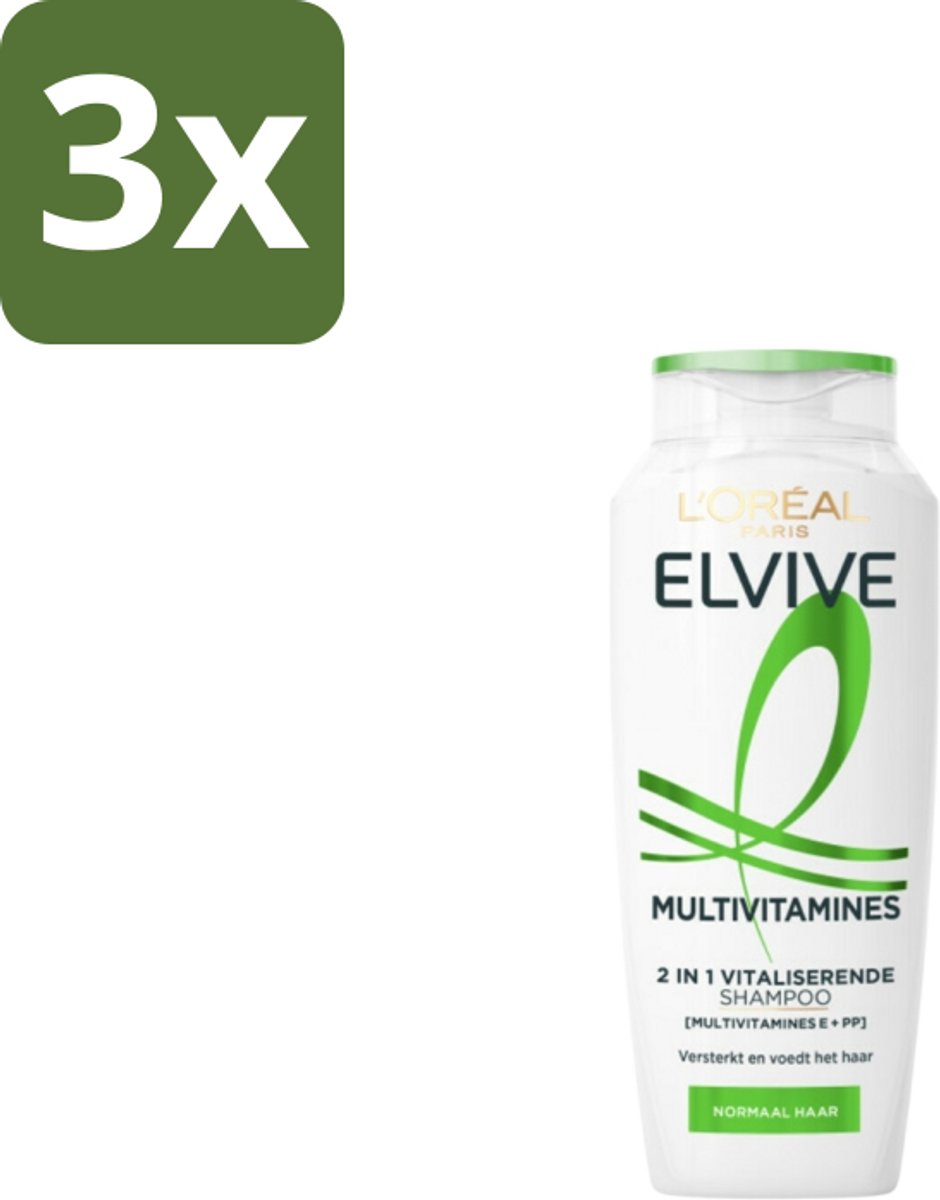 3 x L'Oréal Elvive Multivitamines Shampoo 250 ml - Haarverzorging - Krachtig Haar - Vitaliteit Haar - Multivitamine Shampoo - Pro-vitamine B5