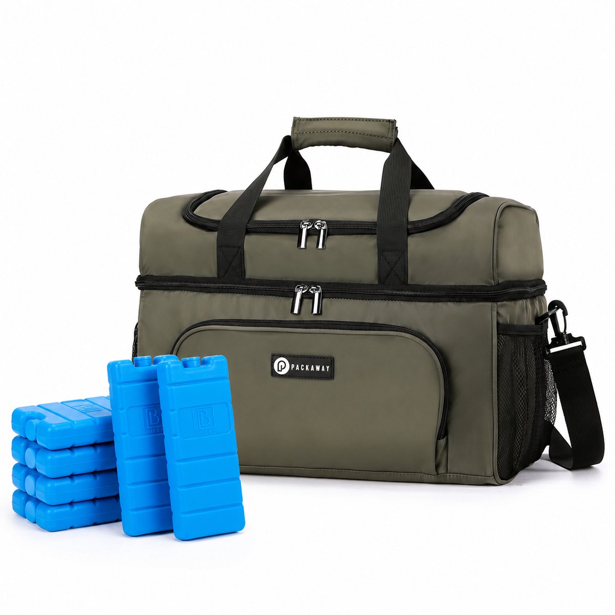 Packaway Koeltas 30L - Lunchtas - Inclusief 4 Koelelementen - Dubbel Compartiment - 4-Laags Geïsoleerd - Waterafstotend - Olive Green