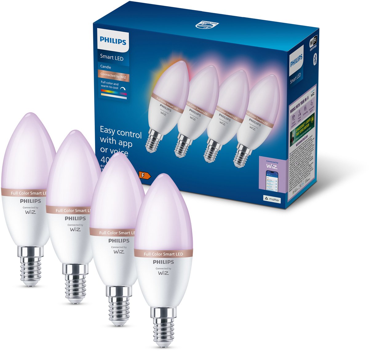 Philips Smart Lighting - LED lamp - Gekleurd en instelbaar wit licht - RGB - Dimbaar - 4 pack - E14 fitting - Kaarslamp: C37 - 40W - Werkt met de WiZ app - Wifi