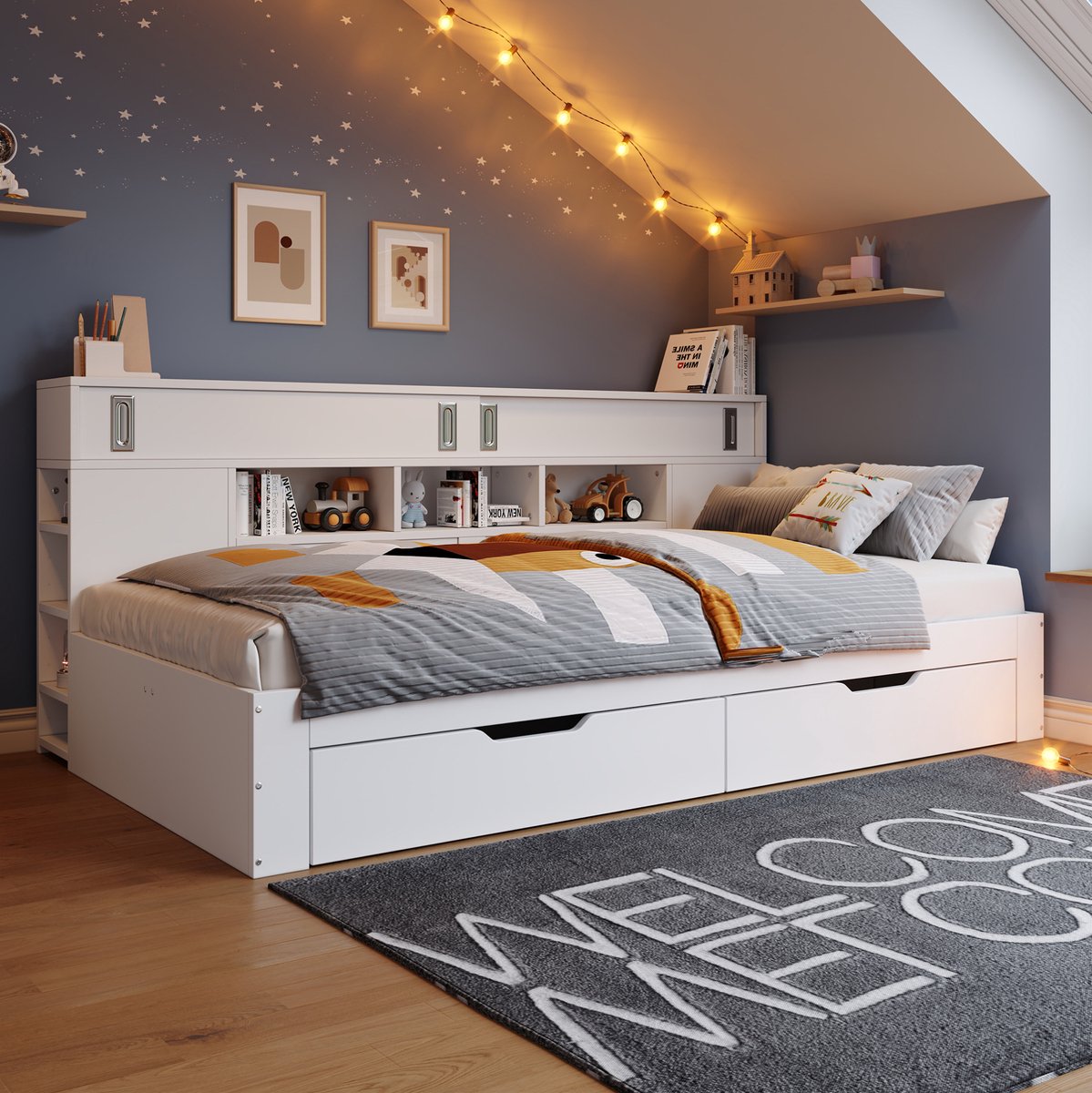 Wishdor Kinderbed 140 x 190 cm - Slaapbank met opbergruimte - Bedlade en lattenbodem - Wit MDF - 194,5 x 169,5 x 85 cm