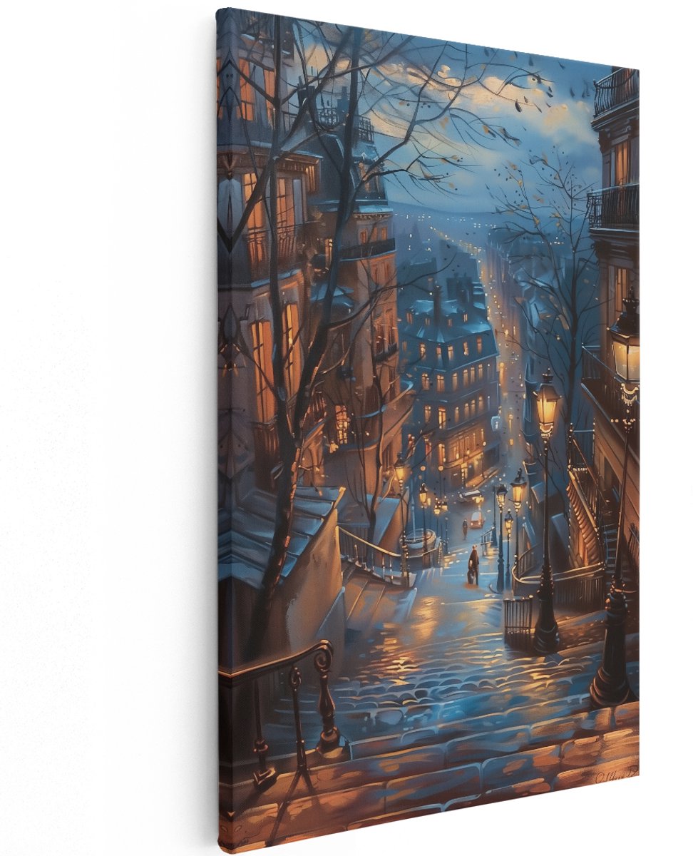 Artaza Canvas Schilderij Nachtscène in Parijs - Parijs - 100x150 cm - Groot - Wanddecoratie Woonkamer - Schilderijen - Muurdecoratie