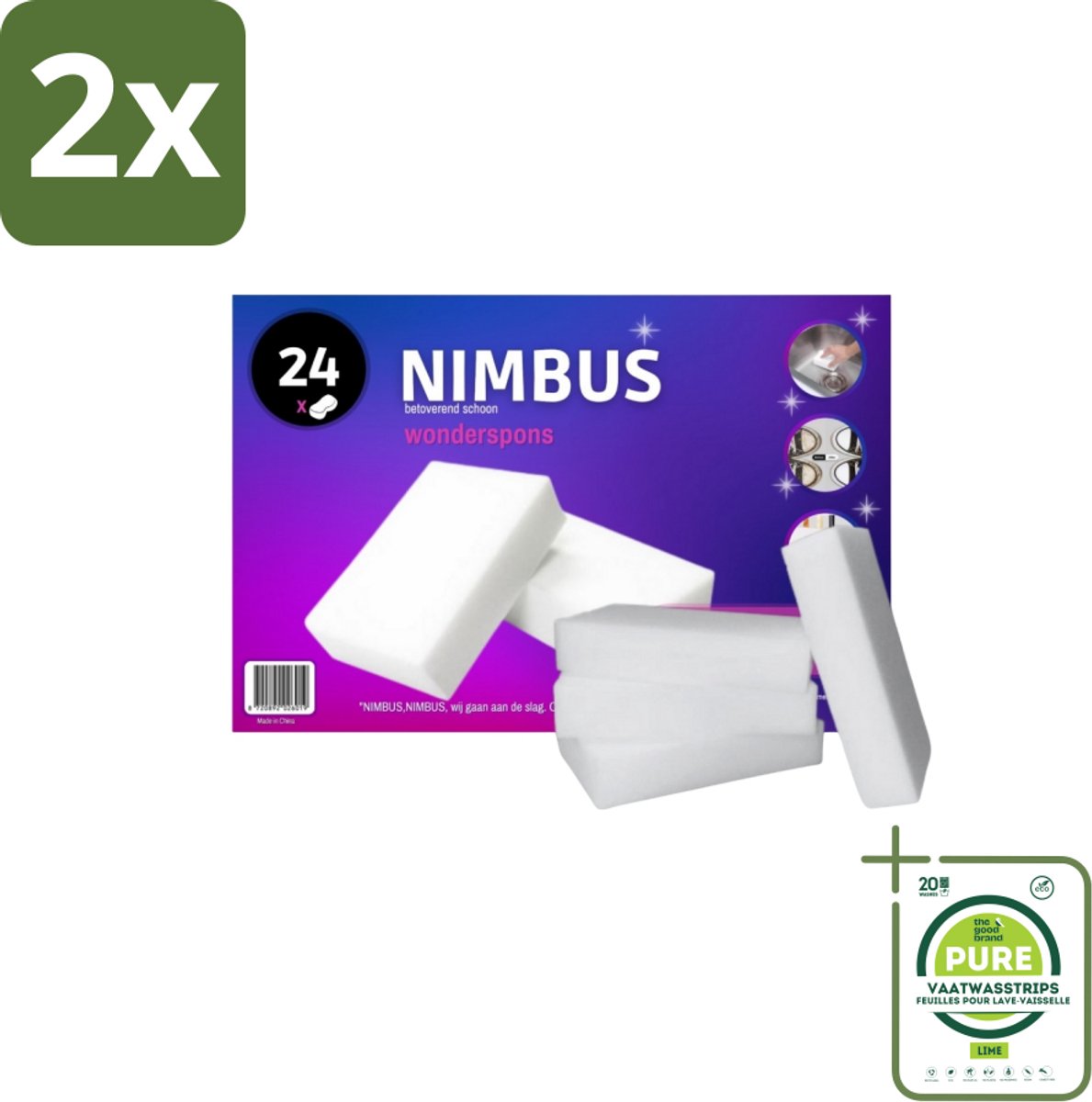 NIMBUS Wonderspons 24 stuks per verpakking - Voordeelverpakking - 2 stuks - Schoonmaken zonder chemische middelen - Betoverend schoonmaken