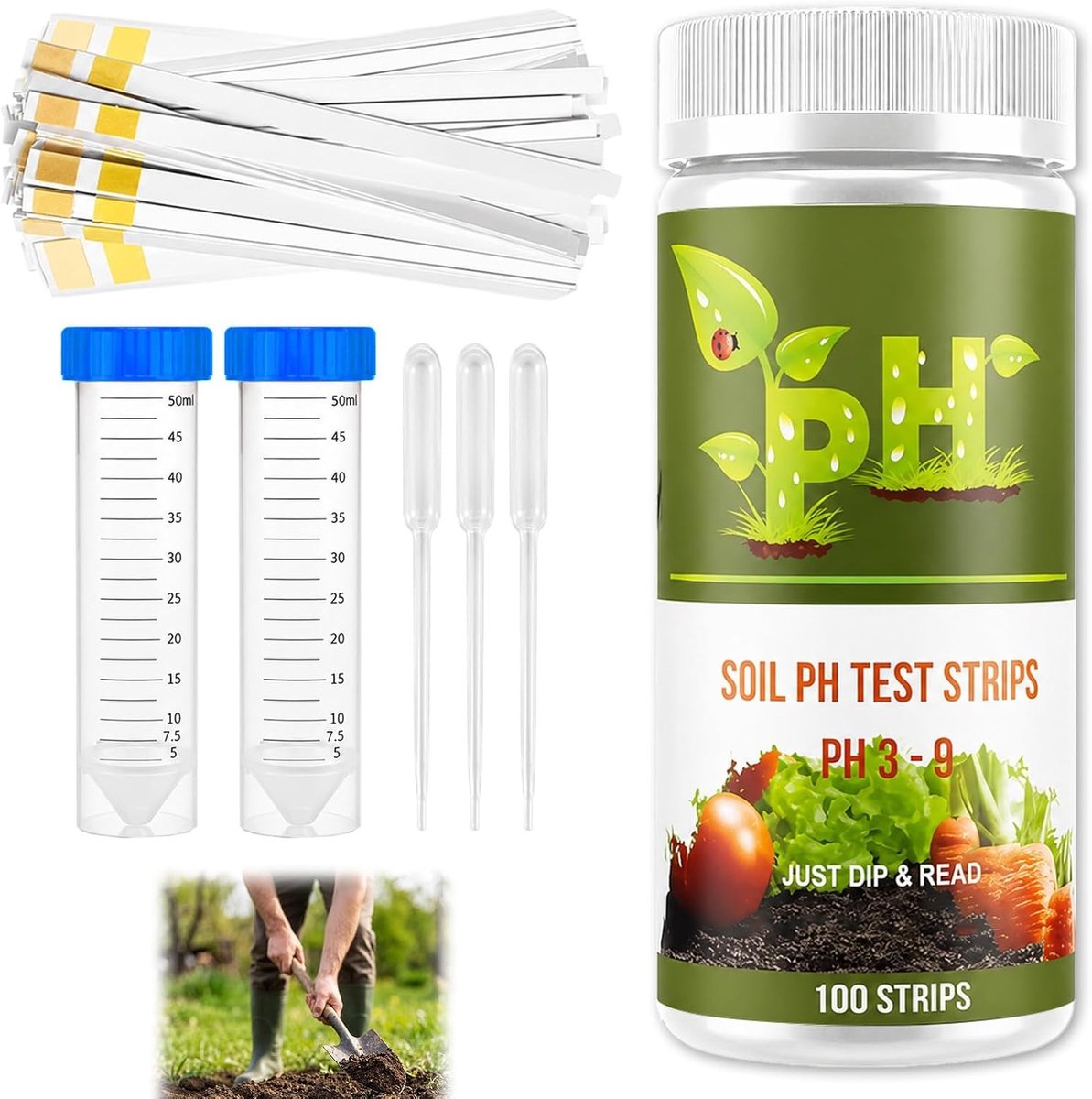 100 stuks pH-teststrips voor bodem, meetbereik 3,0-9,0, ideaal voor tuin, gazon en landbouw, nauwkeurige bodemtester voor kamerplanten, groenten en fruitbomen