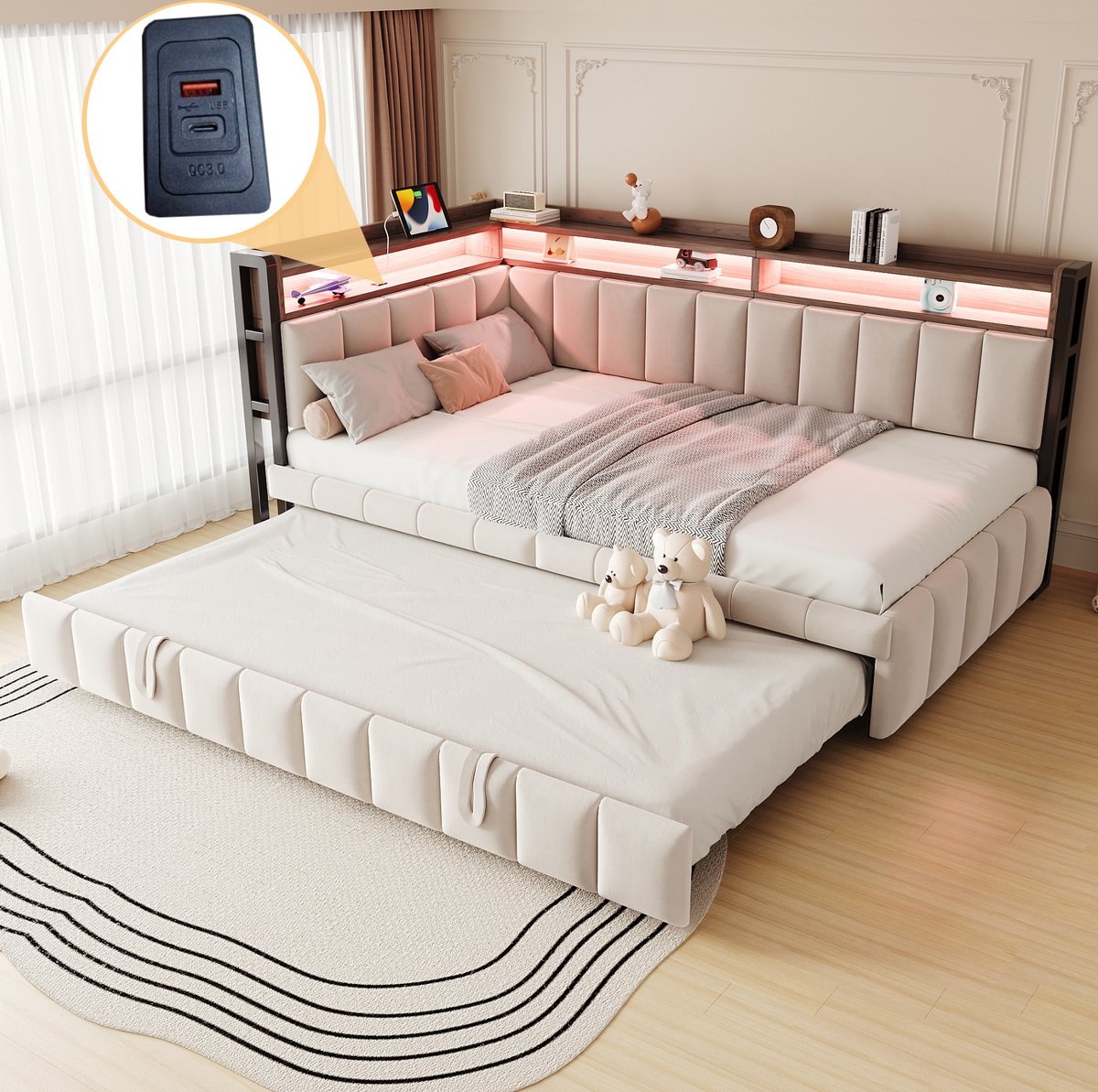 Wishdor Slaapbank 90x200 cm - Met uittrekbed - LED-verlichting en opbergruimte - USB en Type-C - Gestoffeerd design voor slaapkamer en logeerkamer - Stof beige