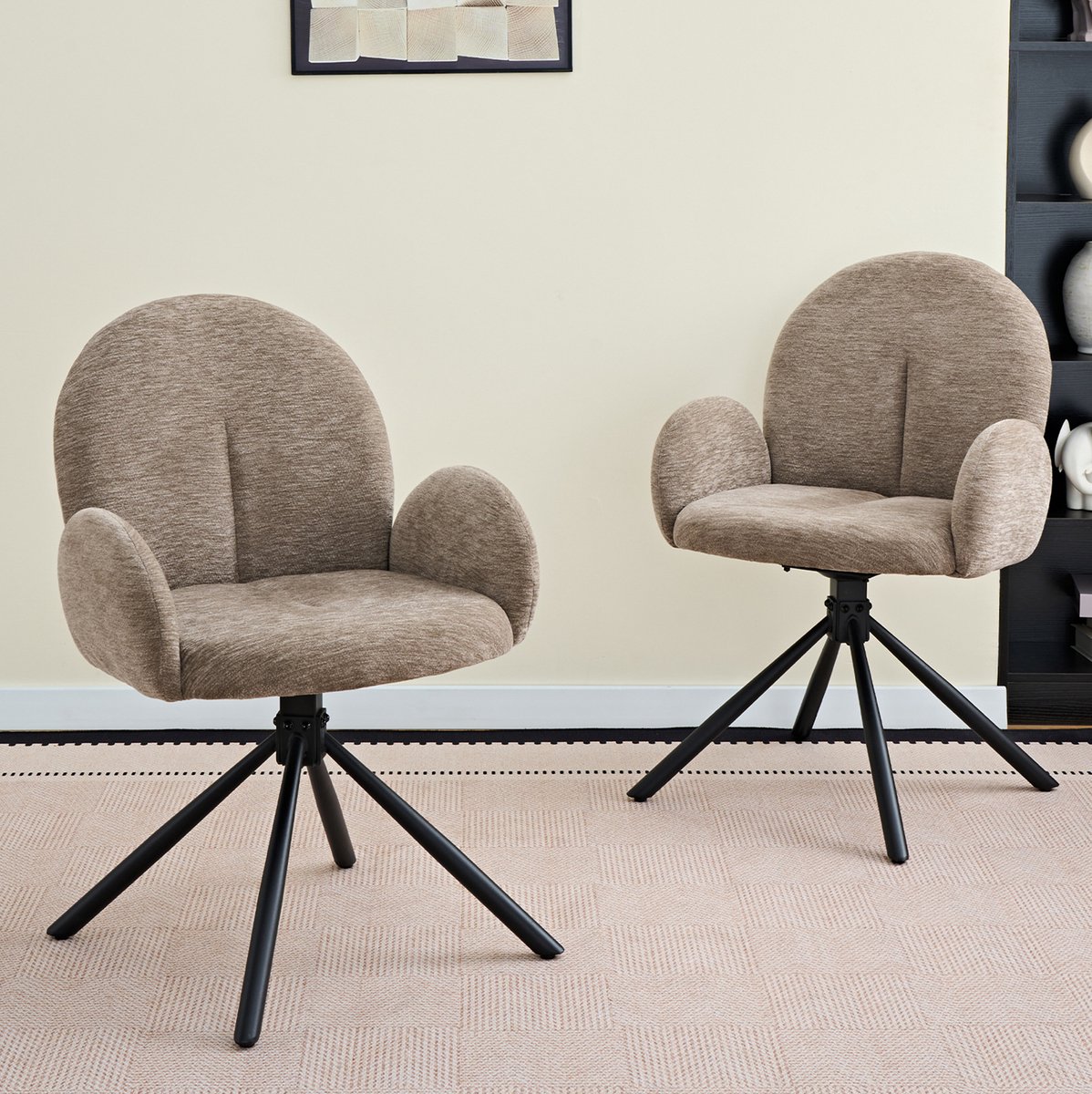 MIVRAY Eetkamerstoel Kuipstoel 2 Stuks - Draaibaar Met Armleuningen - Chenille Bekleding - Voor Eetkamer, Woonkamer En Werkkamer - Metaal Zwart En Taupe