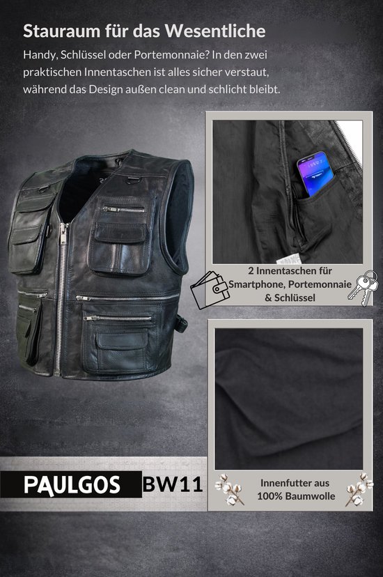 Paulgos BW11 vest met binnenzakken voor smartphone en sleutels, en een voering van 100% katoen.