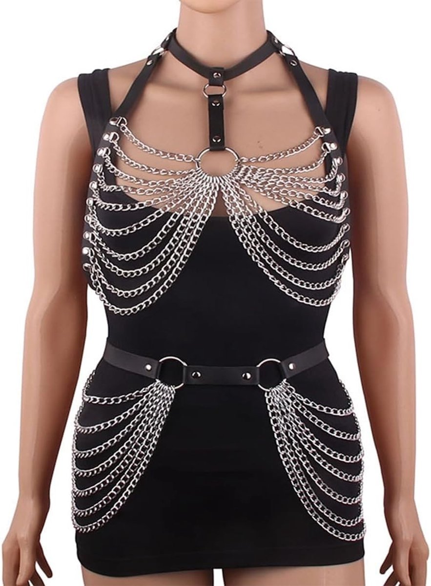 Verstelbare Faux Leather Harness Set voor Vrouwen met Ketting, Buikketting en Body Chain voor Festivals en Avonden