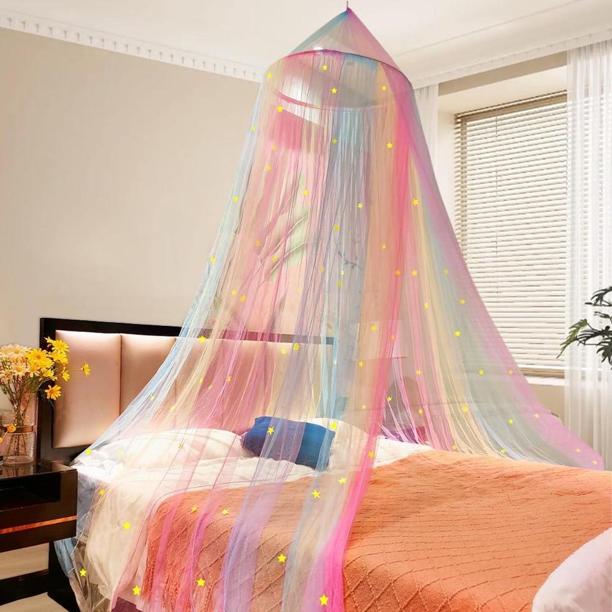 Bedhemel met Sterren - Muggennet Hemel - Slaapkamer Decoratie - Lichtgevende Sterren - 60 x 1250 cm - Regenboog