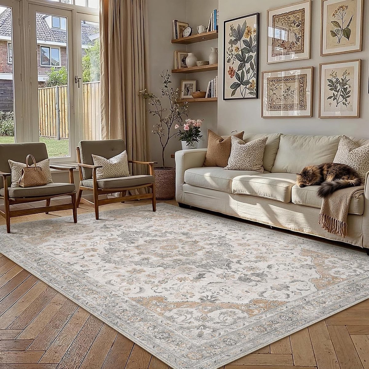 160 x 230 cm Wasbare Tapijten voor Woonkamer in Grijs en Groen met Bloemenprint, Zachte Antislip Vloerkleden voor Eetkamer en Thuiswerkplek