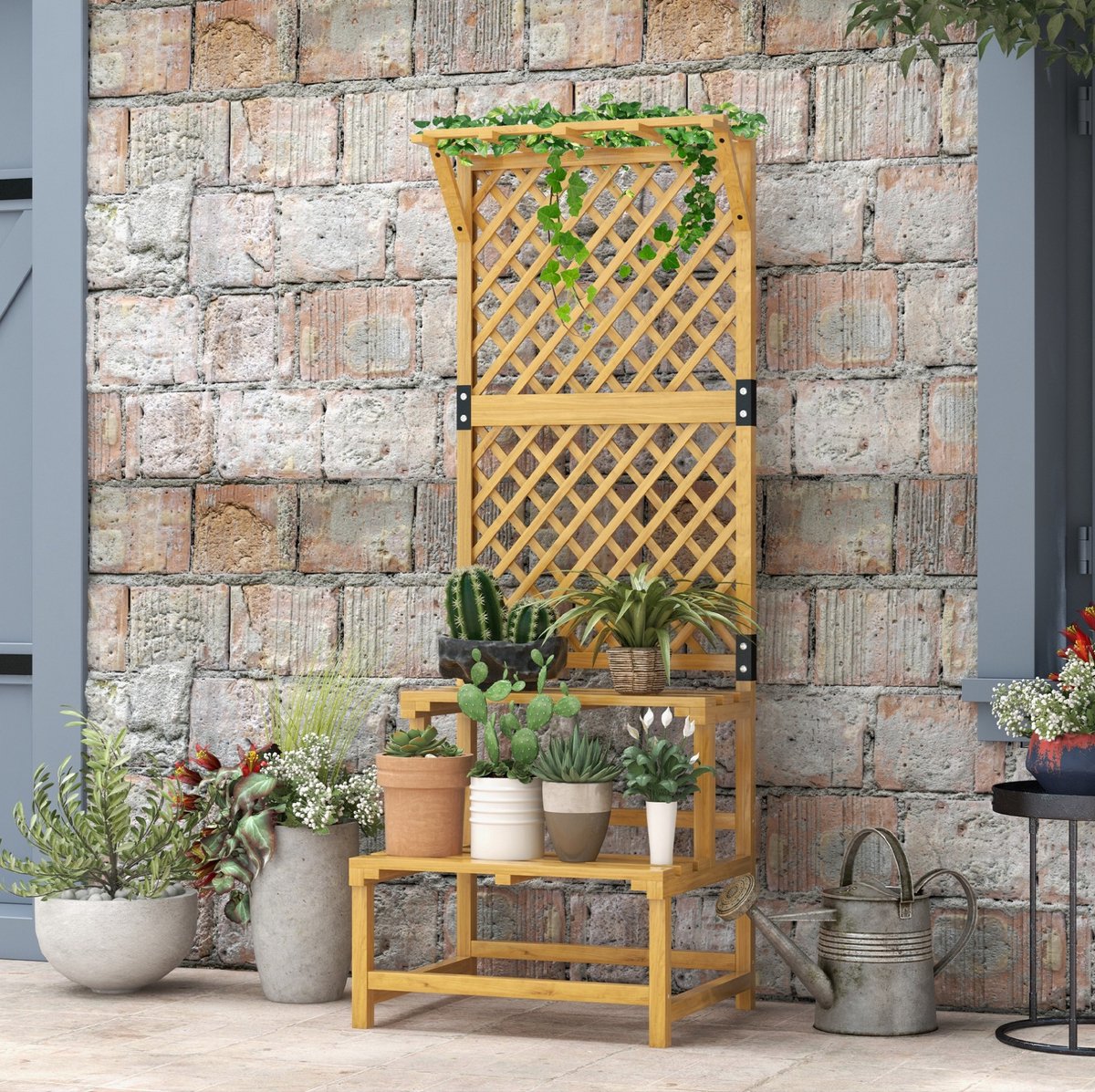 REDOM - Plantenstandaard - 2 niveaus - Rankhulp met lattenstructuur - Opbergruimte voor bloempotten - Tuin en terras - Hout - Geel - 60 x 50 x 166 cm