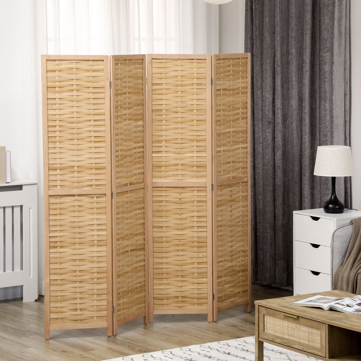 REDOM - Kamerscherm - 4-delig opvouwbaar - Met metalen scharnieren - Handgeweven stijl - Woonkamer, slaapkamer en homeoffice - Hout - Natuurlijk hout - 160 x 170 cm