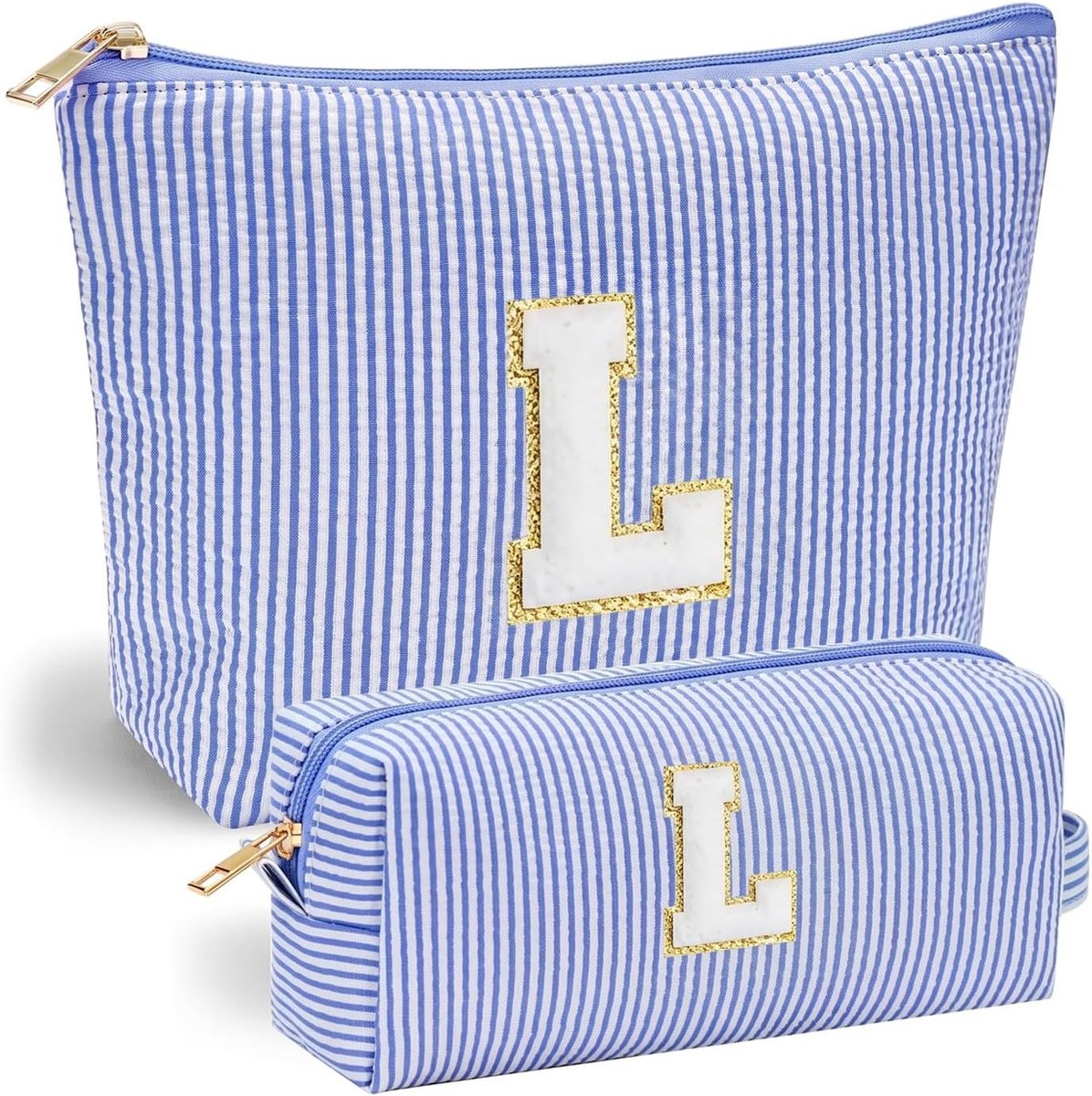 Persoonlijke Make-up Tas voor Vrouwen, Corduroy Reistasje voor Toilettas met Initialen, Verjaardagscadeau voor Meisjes, Moeders en Zussen, Blauw - Letter L, Stijlvol en Praktisch