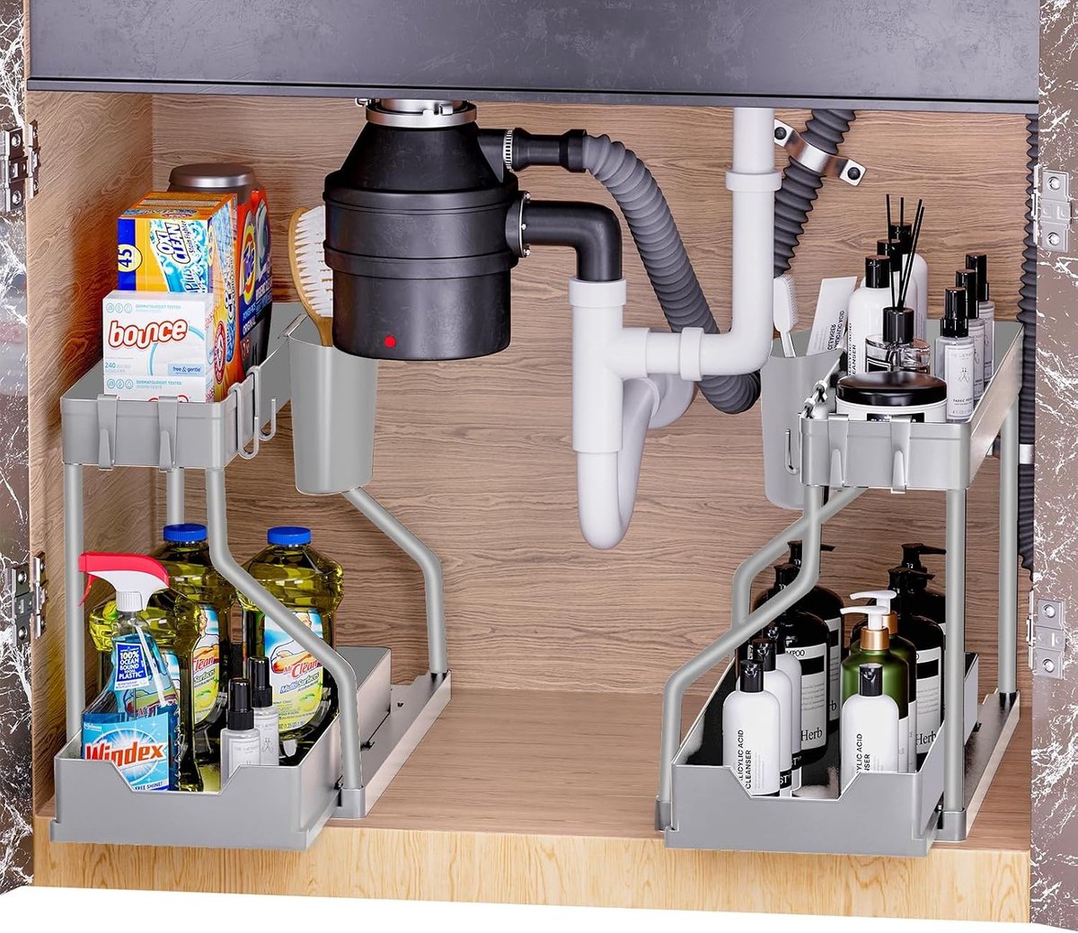 2 Stuks L-vormige Wasbak Organizer en Container met 2 Steunen voor Onder de Gootsteen, Ideaal voor Keuken en Badkamer, Grijs