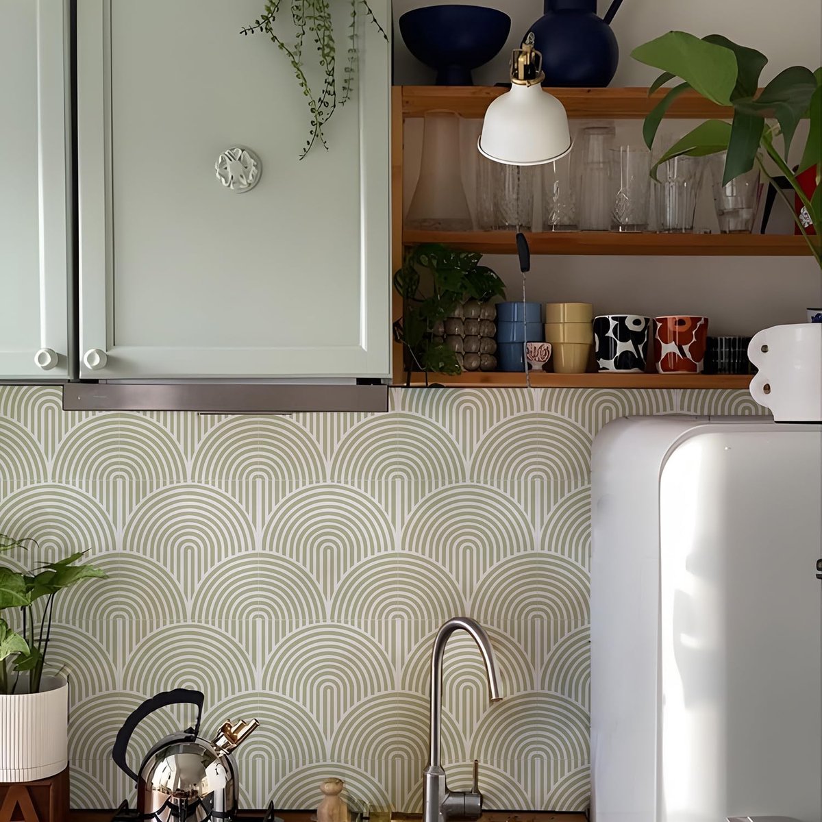 Tegelstickers - zelfklevende wandtegels van vinyl - saliegroen en wit - waterbestendig - voor keuken, badkamer en spatwand - 10 stuks - 20 x 20 cm