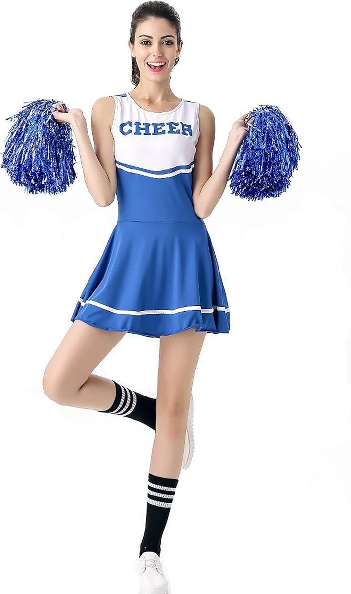 Cheerleader kostuum voor dames, gekke jurk met pompons in blauw, one size, perfect voor sportevenementen en feestjes