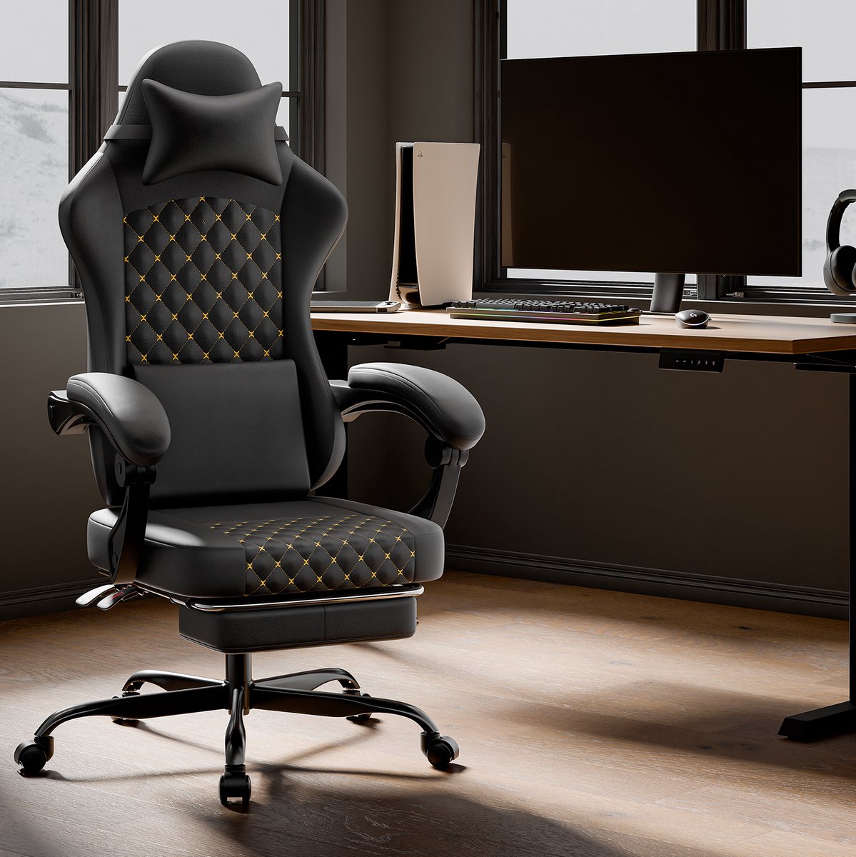 Wishdor gamingstoel - Ergonomisch ontwerp - Verstelbare hoofdsteun en voetsteun - Kantelbaar met wielen - Zwart kunstleer - voor kantoor gaming - 63 x 58,5 x 130,5 cm