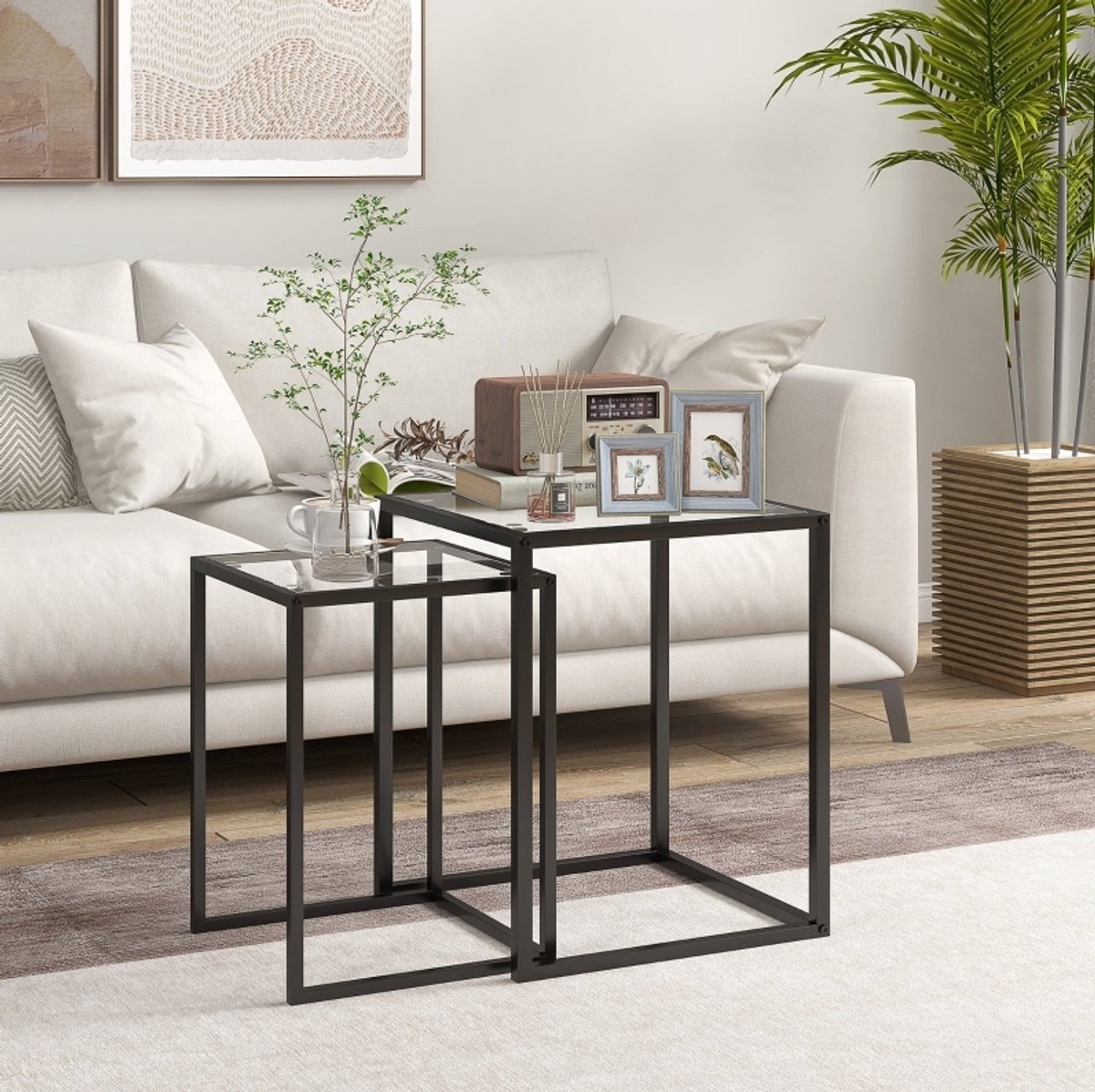 OKWISH Bijzettafel Set Van 2 Vierkant Modern Nesttafels Zwart Met Gehard Glazen Tafelblad En Stalen Frame 42 X 42 X 51 Cm