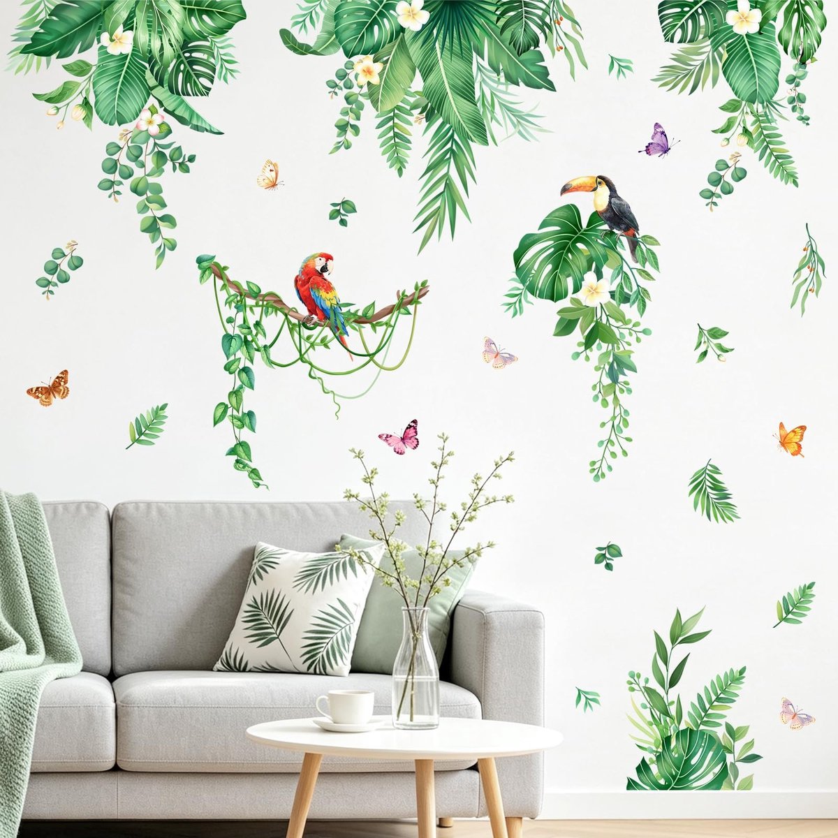 Elzusha - XL Muursticker met Tropische Planten en Vogels voor Woonkamer en Slaapkamer