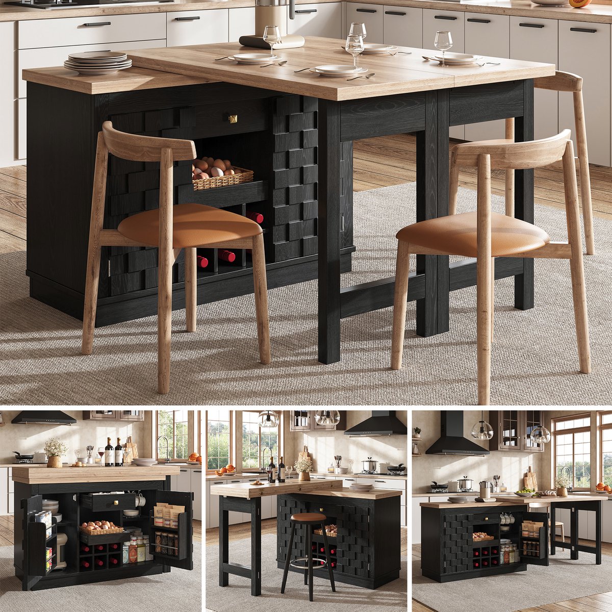 Clruro Keukeneiland - 120-197 x 40 x 74,2 cm - 360° Draaibaar - Lade en Wijnrek - MDF - Eiken/Zwart
