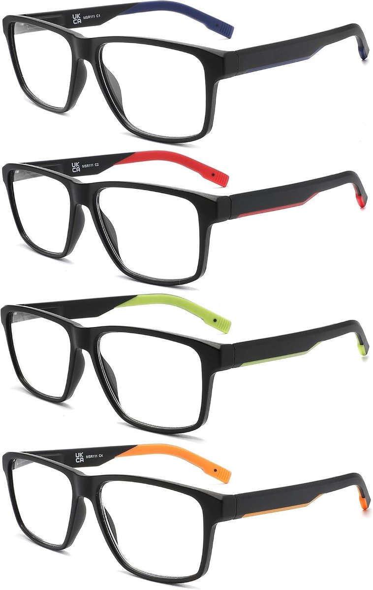 Set van 4 heren leesbrillen met blauw lichtfilter, comfortabele en lichte glazen in verschillende kleuren voor helder zicht