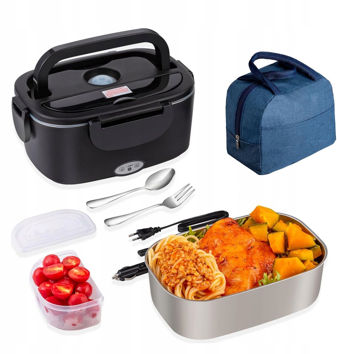 Elektrische Lunchbox - Verwarmde Bento Box - Thermos Lunchbox - Autolunchbox Elektrisch - 1,5L + 0,45L - RVS Binnenbak - Lekvrij Deksel - 12V/24V/220V - met Isolatietas & Bestek - Draagbare Broodtrommel - Voor Auto & Thuis & Kantoor — cadeau in Kookcadeaus - foto 5